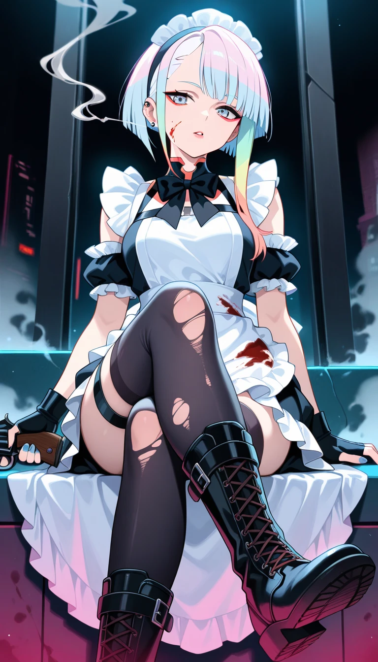 ((Highest quality)), ((masterpiece)), ((detailed)), a girl who is dressed as witch or maid with chains on her, 1girl, maid, 独奏, BDSM, bound, bondage, chain, maid headdress, long hair, breasts, blue hair, (angry), clenched teeth, blush, rope, (torn clothes), erect nipples, pantyhose, panties under pantyhose, sweat, spread legs, feet up, restrained, arms behind back, large breasts, looking at viewer, prison