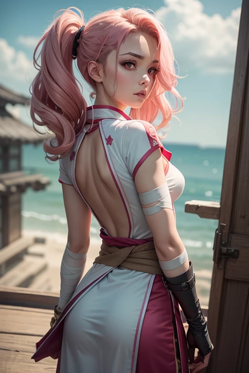 young woman, short shoulder-length pink hair, wide forehead, porcelain skin, pink eyebrows, big emerald green eyes, buttoned nose, full lips, heart-shaped face, slender body, small breasts, red tank top, Sakura Haruno , realistic, realism, details, 3d, well detailed
