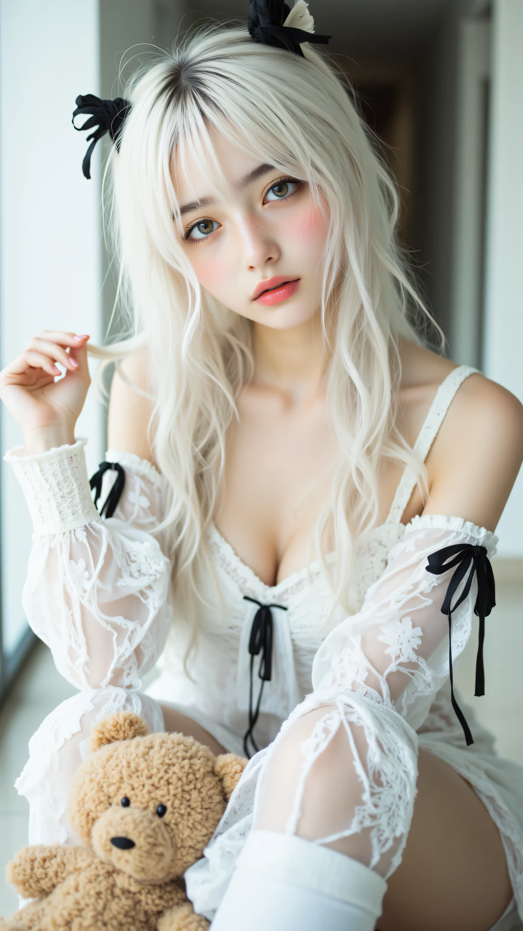 8k, masterpiece, highest quality, Korea's Beautiful Women, Close-up, high-angle. Pale skin, long white hair, black bows, large eyes, small nose, full lips. White lace nightgown, black ribbons, white knee-high socks. Relaxed, seated, teddy bear in lap. Blurred hallway, light walls.