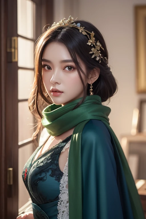 21yo girl, green hair, (Short Hair). Javanese traditional clothing, Red background.
