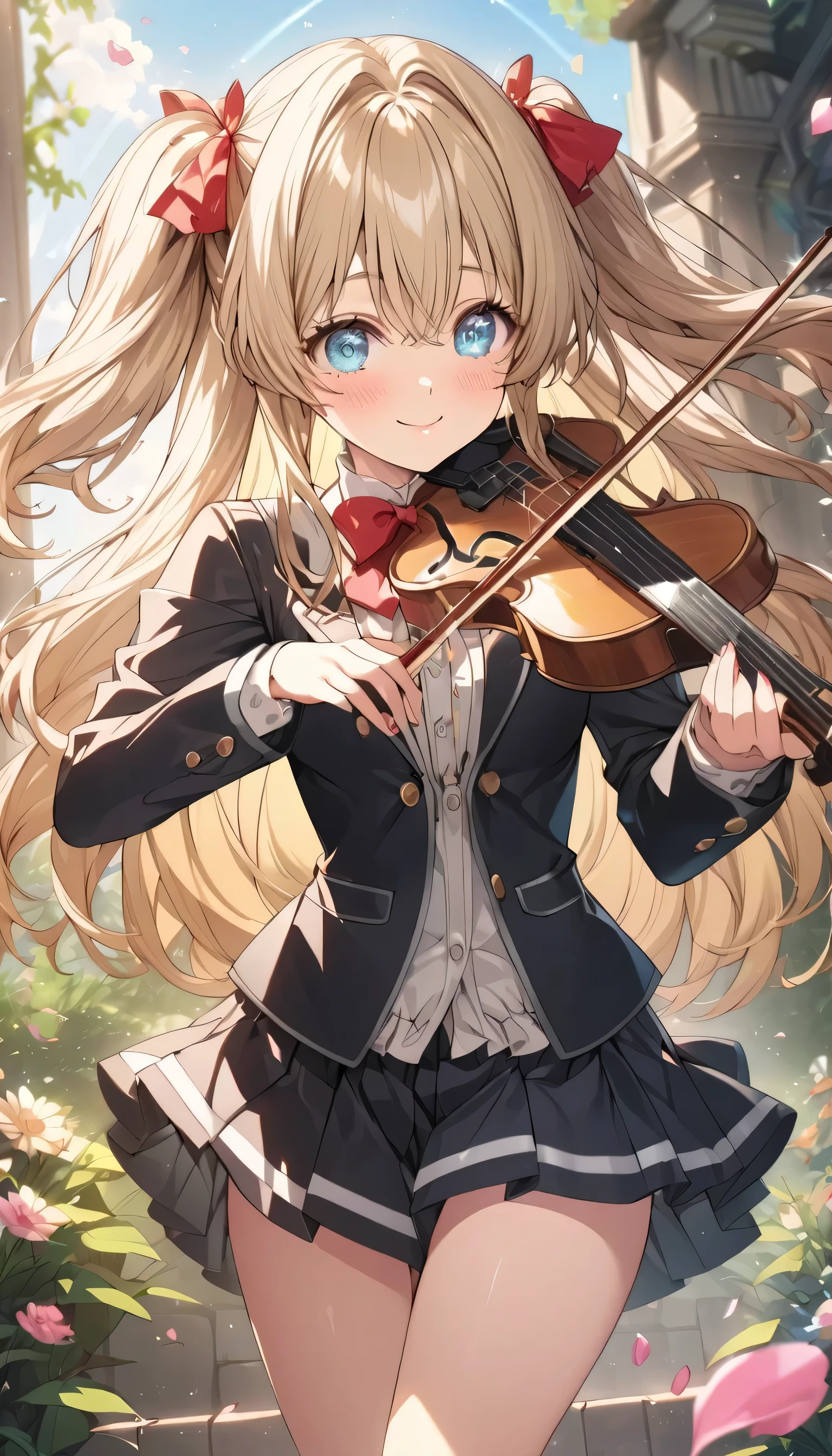 ((ultra-detailed)), (highly detailed CG illustration), (best quality:1.2), ultra-highly detailed, colorful composition, artistic photoshoot, 1girl, solo focus, ((thigh to top:1.4)), ((cowboy shot:1.4)), moe anime character, girl, dainty facial structure, (bab(round face), ((rounded chin:1.2)), ((ideal ratio body proportions)), celia-default, celia claire, (blue eyes), sparkle eyes, blonde hair color, two side up, (hair ribbon with red), ((play the violin)), ((ultra-detailed violin)), ((best quality violin)), hold a bow in hand, ample breasts, school uniform, black blazer, modern style with fitted jacket, red neck bow, long sleeves white frilled shirt, black pleated skirt, and black high socks, from front, expecting, pink cheek, blush, light pink gloss slip, petals glowing and fluttering, best quality, masterpiece, sitting by the victorian garden with flowers, beautiful detailed sky, portrait, dynamic pose, depth of field, soft lighting, sidelighting, (shine), lighting, caustics, ray tracing, smile, perfect face, lustrous skin, highly detailed face, highly detailed eyes, perfect face, perfect nose, perfect hair, perfect eyes, perfect anatomy, beautiful hair, beautiful small face, extremely detailed face, beautiful detailed eyes, beautiful clavicle, beautiful body, beautiful ample breasts, leavage, breasts squeezed together, equalize the size of the left and right breasts, beautiful thin thighs, beautiful legs, beautiful fingers, 4 fingers, 1 thumb, lovely, (very detailed background:1.0), (highly detailed background:1.0), spring aesthetic, intricate details, enjoy the performance atmosphere, spring colors palette, chromatic aberration