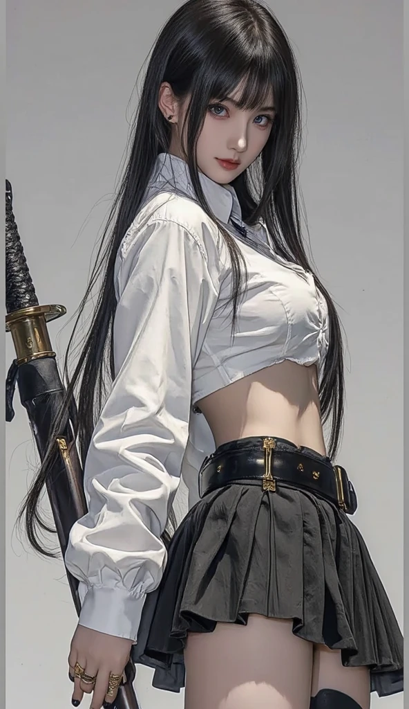 Background, highest image quality, best quality, masterpiece, full body shown, sword, weapon, one girl, katana, gradient, gradient_background, scabbard, sheath, earrings, jewelry, scabbard, solo, ponytail, ear_piercing, black_hair, piercing, bandage, hand_on_hilt, small hand,