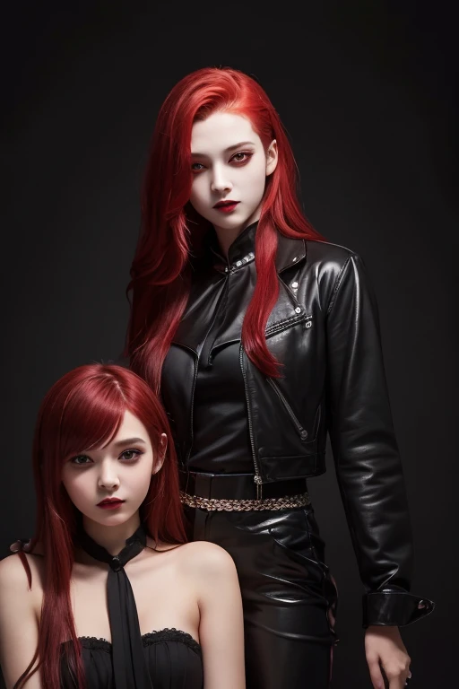 2girl,high resolution, gazing at viewer, red-haired vampire in black clothes with blue details , a blonde snake woman with dark blue clothing and black details,
Blue background with black studio cinematic lighting, OctaneRender 8K, 3D rendering, hyper- realism, Sony FE, 