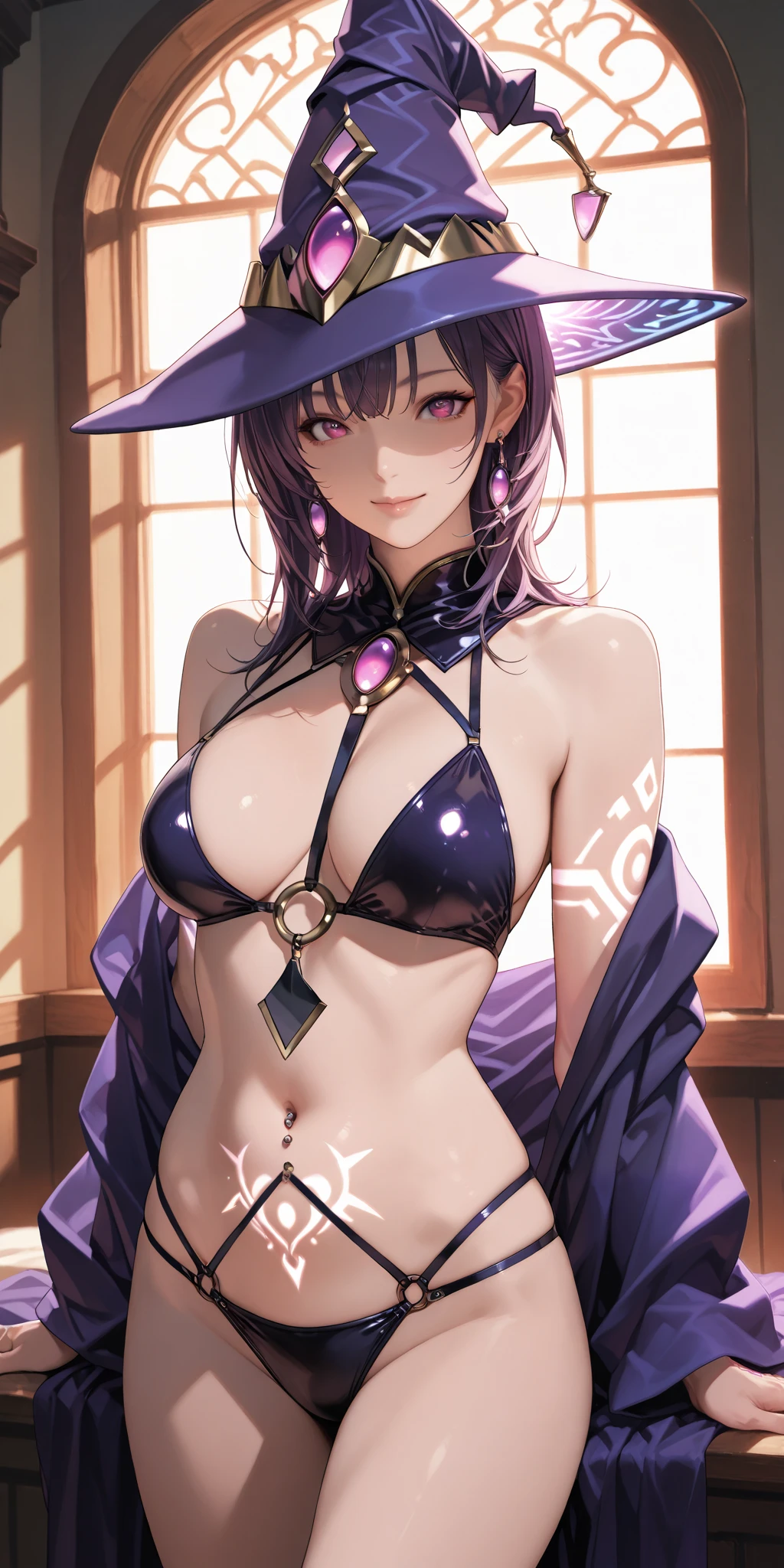 score_9,score_8_ up,score_7_ up,score_6_ up,score_5_ up,score_4_ up,source_Genuine,tag1,tag2,quality_Masterpiece,Anatomically correct, Beautiful face, Perfect face, Highly detailed beautiful face and eyes, Attractive face, Detailed colors, Delicate facial features, Detailed skin, Realistic, A mysterious female magician wearing a dark purple pointed hat, a long, intricately decorated robe, and a tight-fitting leather bikini. Her earrings emit a mysterious light, her belly piercing emits a mysterious light, and her exposed body is covered with small, glowing rune tattoos. She holds out her right hand and manifests a ball of light filled with magical power in her palm. The magical lights flicker in the windowless brick and wood-framed basement, creating an eerie appearance.