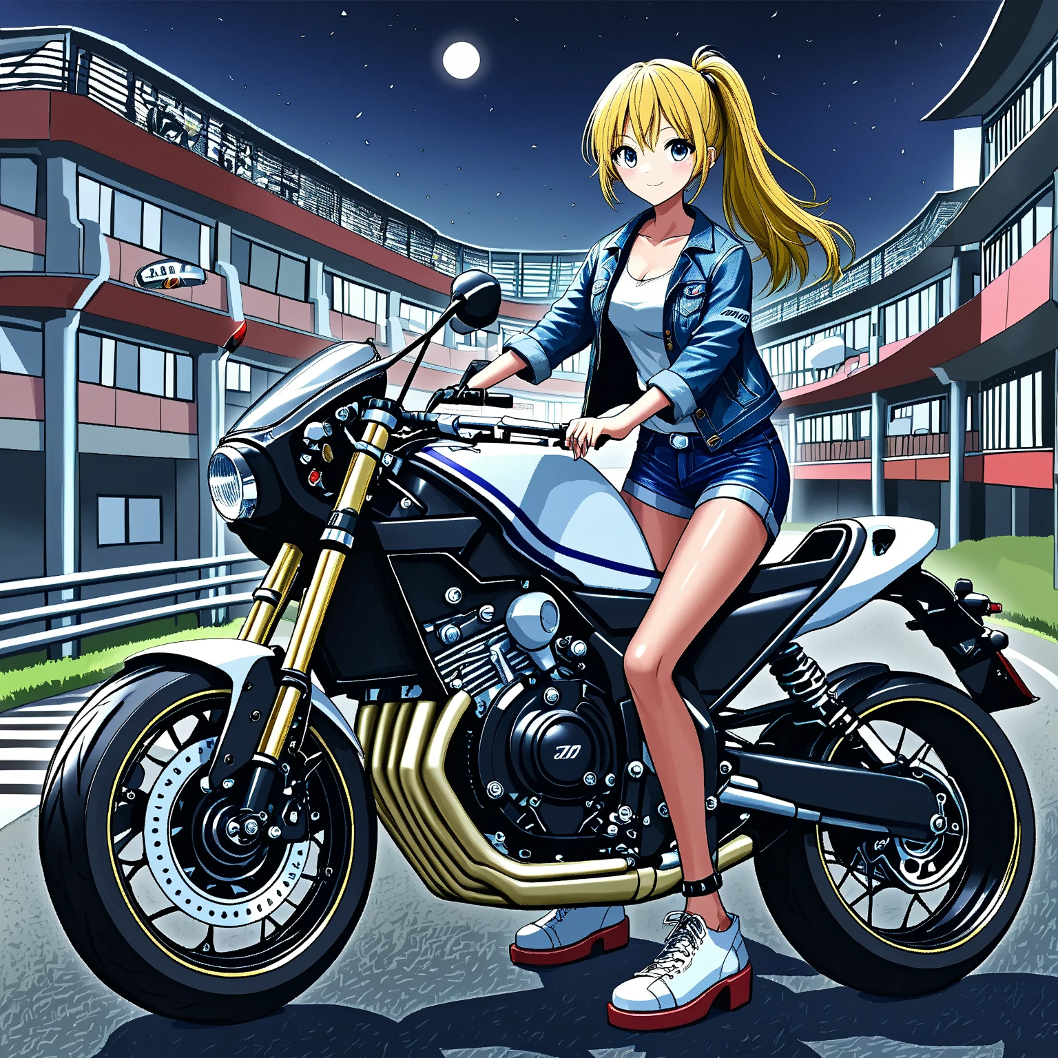 One cafe racer tuned motorcycle/CBX400F/One Girl Riding {/ Ouka-chan/}、 HONDA Racing Inline 4 Cylinder Engines 、 Titanium Frame 、Titanium full exhaust pipe 、 Magnesium Wheels 、Race Tires 、 racer separate handle、 racer back step 、 Competition Vehicles without Safety Parts 、 Accurate Wheelbase 、Accurate scale、Hilltop road overlooking the night view of the big city、 glossy skin、Denim jacket、 SHORT JEANS