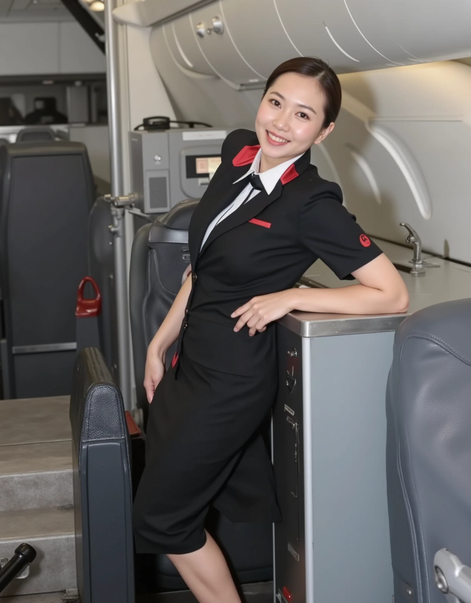 ((( Big Breasts Women))), JAL cabin attendant lady, japan airlines, beautiful((Extremely busty ))A female flight attendant works on an airplane, Big Breasts Women, beautiful, Alluring, sexy, ,,, (((large breasts:1.9), (huge breasts:1.9), (Uplifted and well-defined bust:1.9), (lifted chest:1.9), (perky breasts :1.9),(deep cleavage:1.4))), Erect nipples, sexy long legs,, actions, sexy long legs, full body shot,