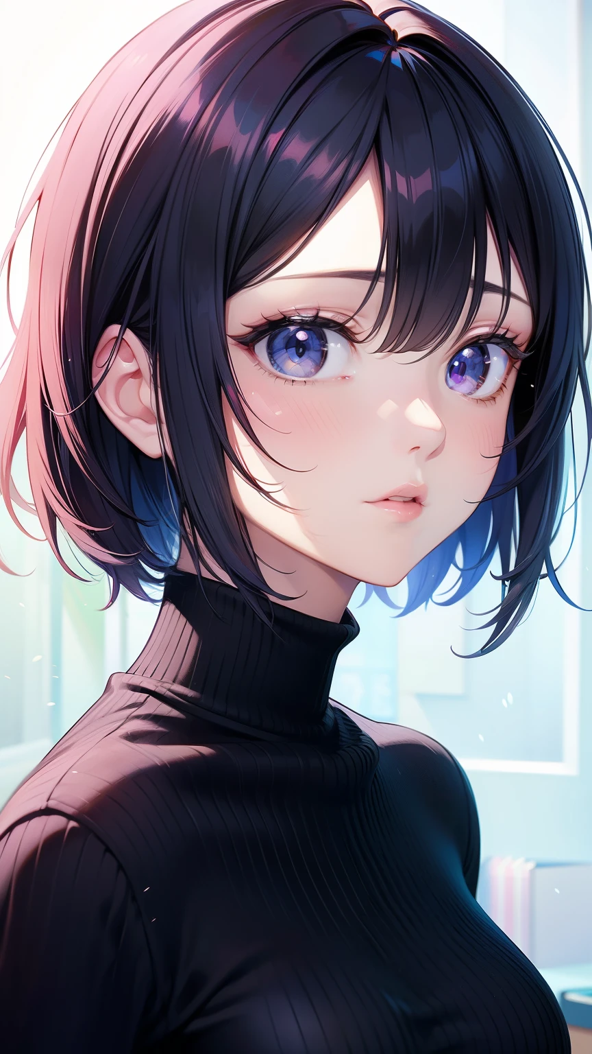 anime - style image of a woman with a black wool turtle neck top, a character portrait inspired by Yanjun Cheng, pixiv, digital art, digital anime illustration, beautiful anime portrait, detailed portrait of anime girl, anime style portrait, stunning anime face portrait, detailed anime soft face, smooth anime cg art, portrait anime girl, artwork in the style of guweiz, short hair