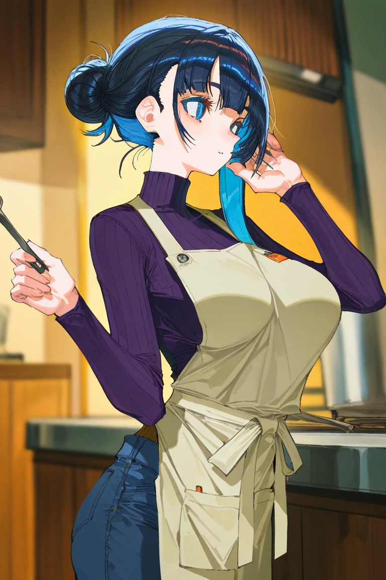 (Masterpiece), Best Quality, ultra-detailed, 1girl (rinko_iori, Slender and sexy body, big and pretty breasts, dark blue hair, long wave hair, blue eyes), smile,parted lips, facing viewer, looking at viewer, solo, yellow turtle neck sweater, denim pants,apron(black), in the store, standing, Sexy waist teasing, a provocative pose