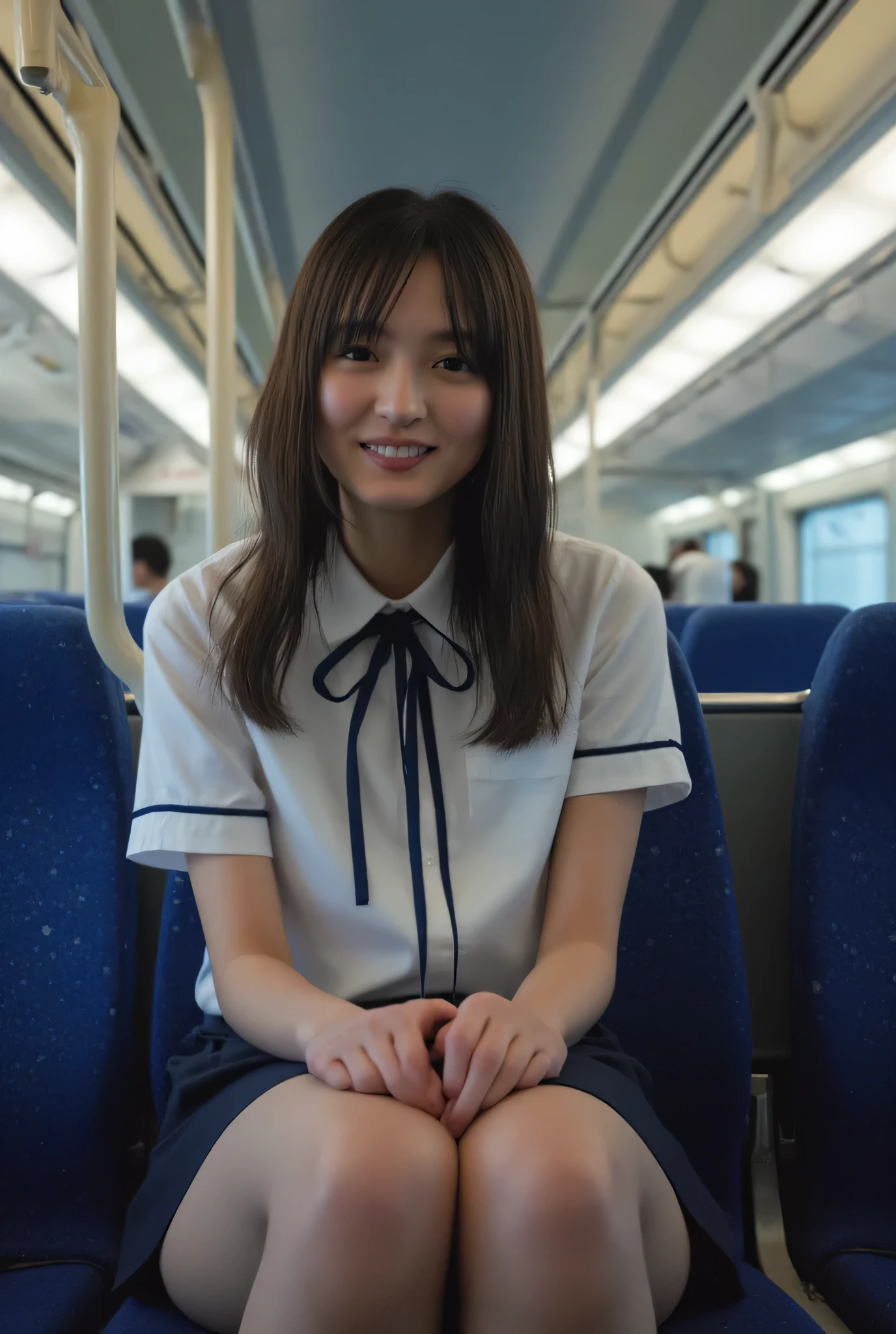( Masterpiece, top quality, 8k, RAW Photo , beautifully、 beautiful:1.2), intricate details, Indirect Lighting, by Nomi, whole body, sitting on a train chair 、( high school uniform、 miniskirt)、(((The white panties are visible through the gap between the thighs and the skirt:1.8))), stare at the audience 、smile、 happy、 have a smartphone、Peeking、 woman' training to break the tiles , chair that can sit under a skirt, ultra high resolution,8k,Bokeh, sharp concentration, very detailed face, Spanish girls, beautiful足,thin,( big breasts), super detailed eyes