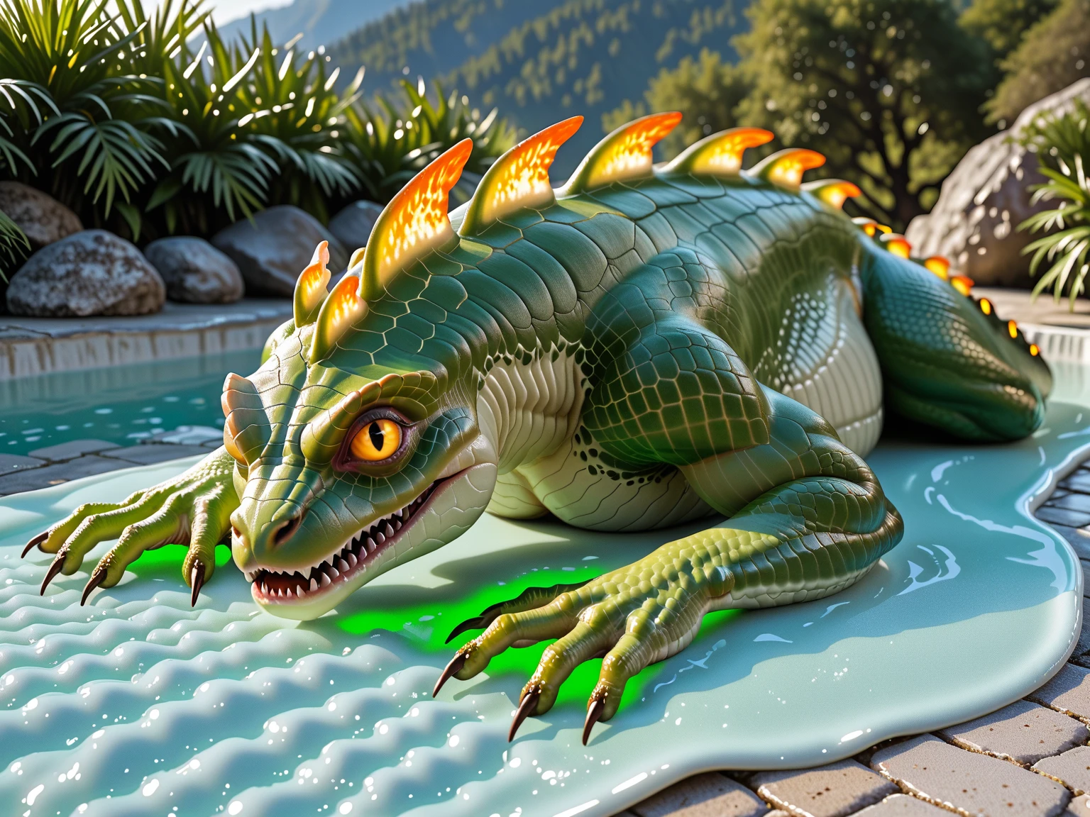 Score_9, score_8_up, score_7_up, source_real, photorealistic;; 1monster, a monster, "the creature from the black lagoon" classic horror monster, (humanoid\a fish-human hybrid monster);; overlapping scales, 3 fingered hands, green slimy body, bug-eyed, covered in seaweed, kelp, yellow bikini swimsuit;; posing luxuriously, recumbent, laying on side, head propped up on one hand;; outdoors tide pool, (tide pool glows with bioluminescent algae:1.47), (rocky landscape), crashing waves, Oceanside, bioluminescence, phytoplankton