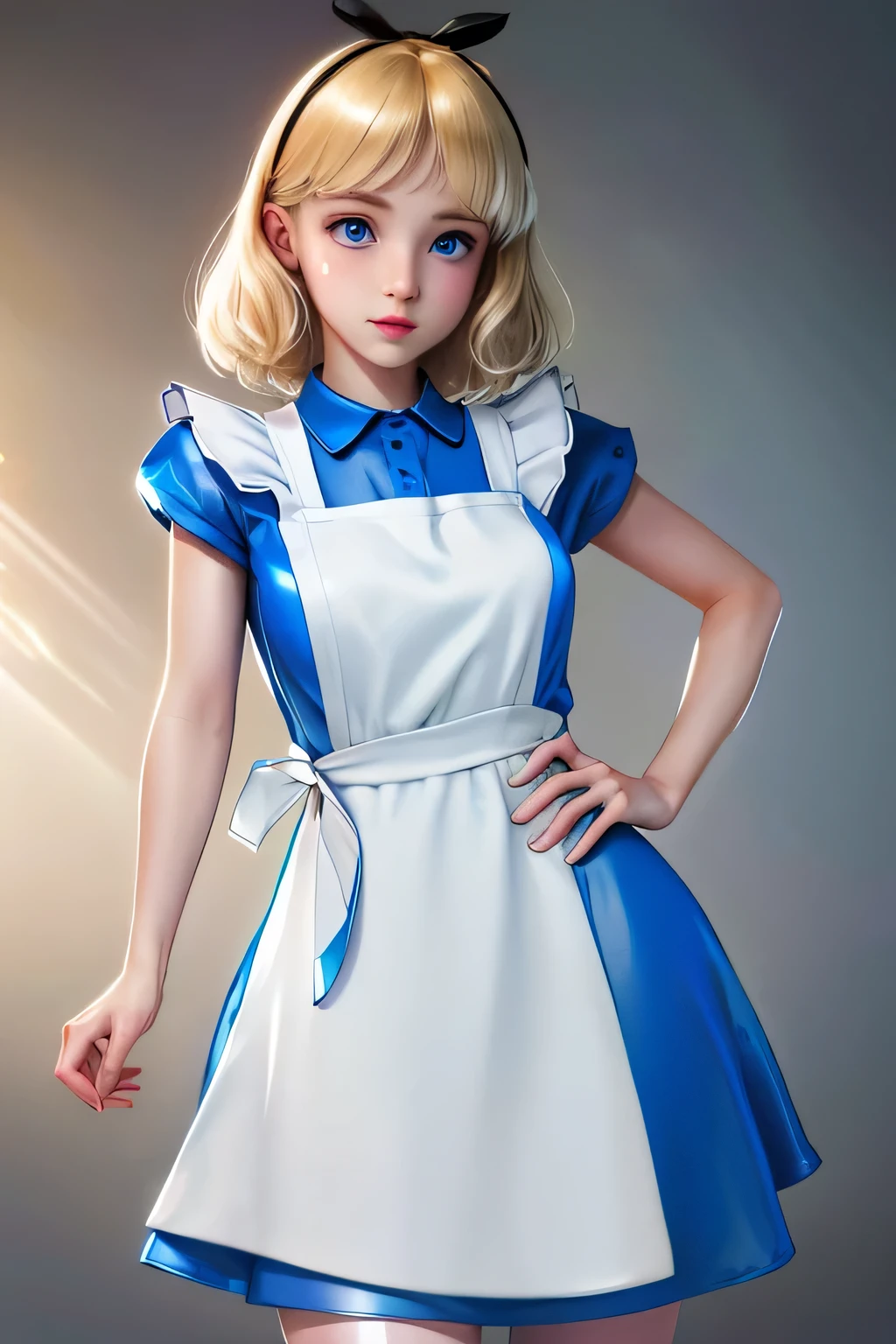 perfect anatomy top quality, highest resolution,(((shiny light blue and white one-piece apron dress Shiny Blonde blue eyes))) Alice in Wonderland girl