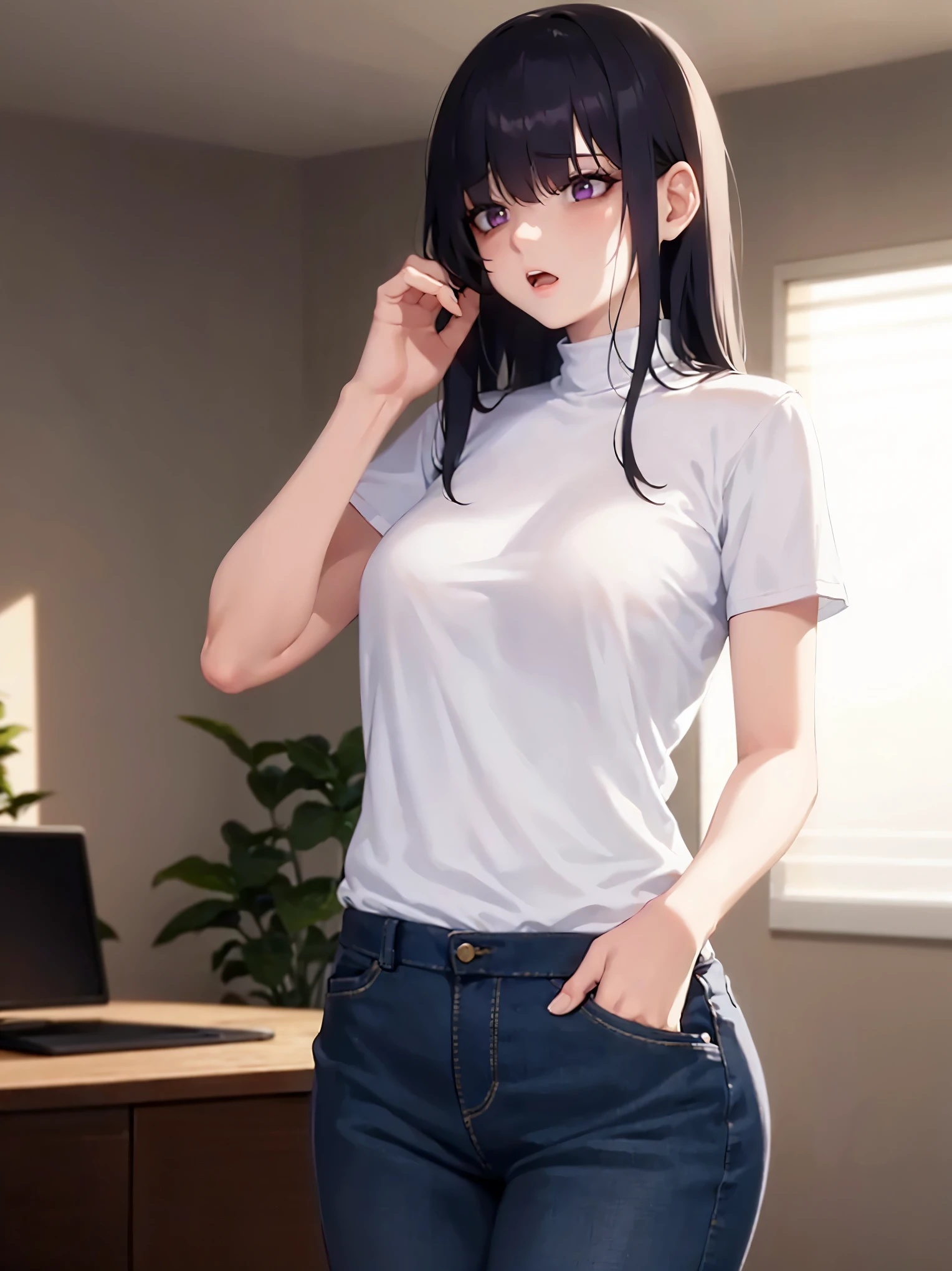 (masterpiece, Highest quality, It captures a very cute moment, Depth of written boundary, Super detailed, Ultra-high resolution, C4D, Octadale, 3D Modeling, 8K, 16K, One Girl,, Small breasts,Black Hair,short hair,Straight Hair,Light brown eyes,White headband,Wearing black glasses,Cute face), Bloomers, Black tank top, translucent, zettai ryouiki, Wet clothes,Classroom Nights,Moonlight, Good elevator, Take off、Real-life skin、Not an anime