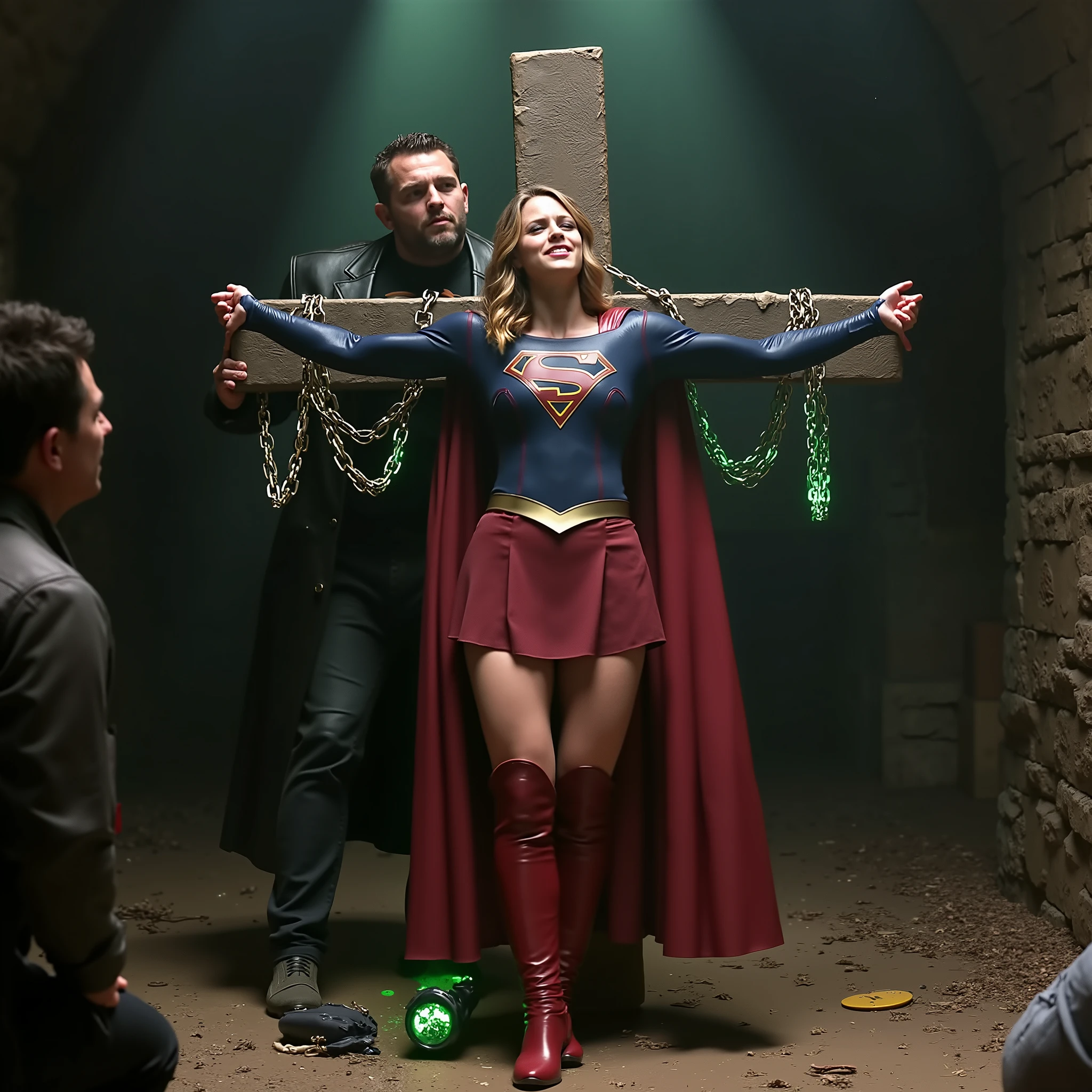 Melissa Benoist as Supergirl, the Supergirl is lying crucified attach the cross, her wrists are bounded to the cross by chain, green lighting chain bound her arms and her neck, she is unconscious, eyes close, She is wearing a Supergirl costume with blue long sleeves and red skirt, pantyhose and red knee height boots, extreme crying in pain, painful face, Lex Luther the villain is kneeling beside and shock her legs with electric wave, in the cave,