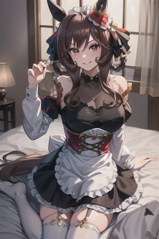 ((masterpiece)), ((detailed, high quality)), girl, cute face:1.2, soft brown hair, super straight hair, ((puppy ears down, floppy ears)), pink eyes, bedroom, close-up, cute pose, very long hair, fluffy bangs, ((dynamic pose)), brown sexy nightgown, sexy, choker