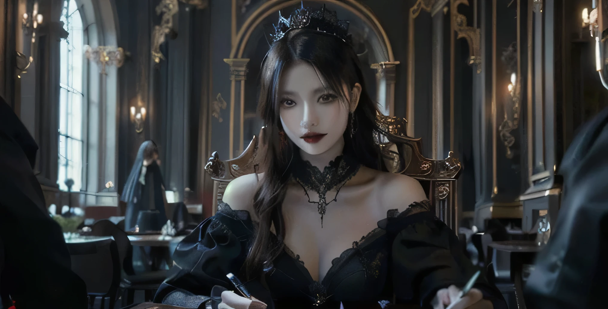 woman with the bearing of a madame in a velvet dress laughing with black eyes and lights and shadows in all art with a background of a Gothic interior church, Gothic