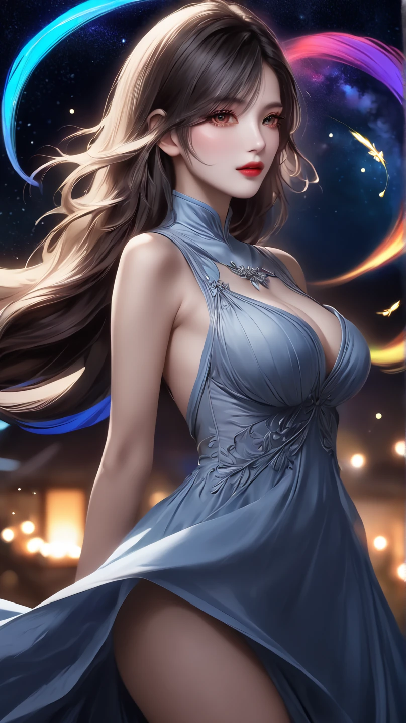 hair ornament, dress,elbow gloves, looking at viewer, earrings, cityscape, night, indoors, window, lake,table,standing, arms behind back,