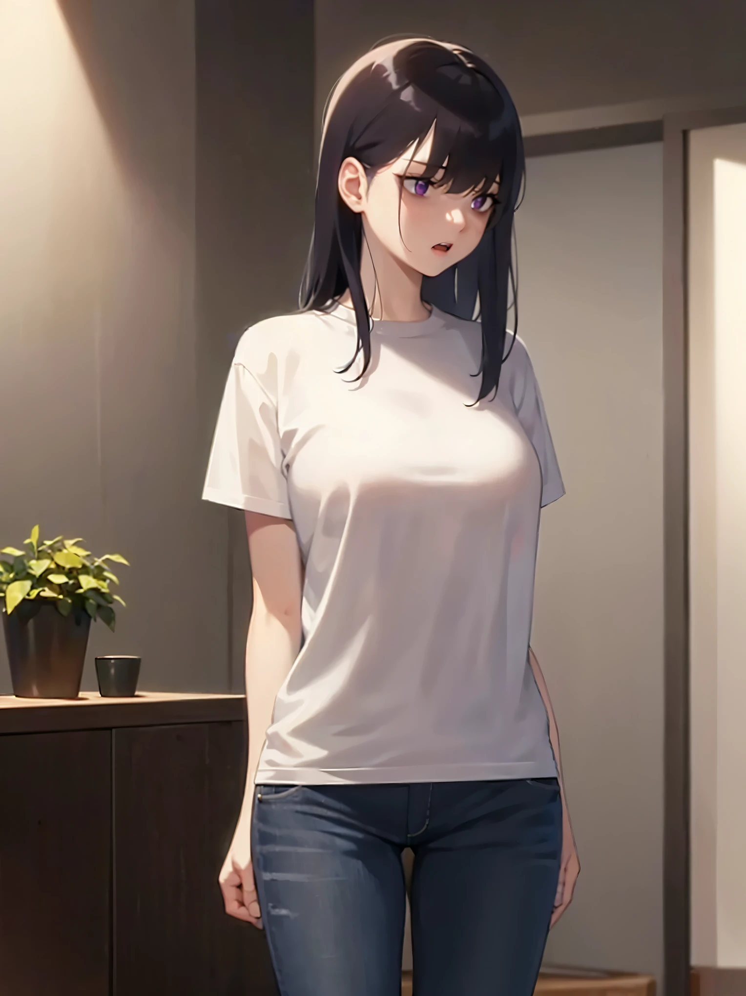 standing, (looking away:1.5), masterpiece, best quality, detailed, Masterpiece, Great detailed pictures, RAW photo, photorealistic, Realistic, real person, (pale skin: 1.2), cowboy shot, shiny skin, shiny hair, (25-year-old woman with messy hair with bangs) and (medium hair) and (black hair) and (purple eyes), hair over eyes, BREAK (white T-shirt) and (jeans) BREAK (worried:1.3), open mouth, inside a Chiropractic clinic, alone,