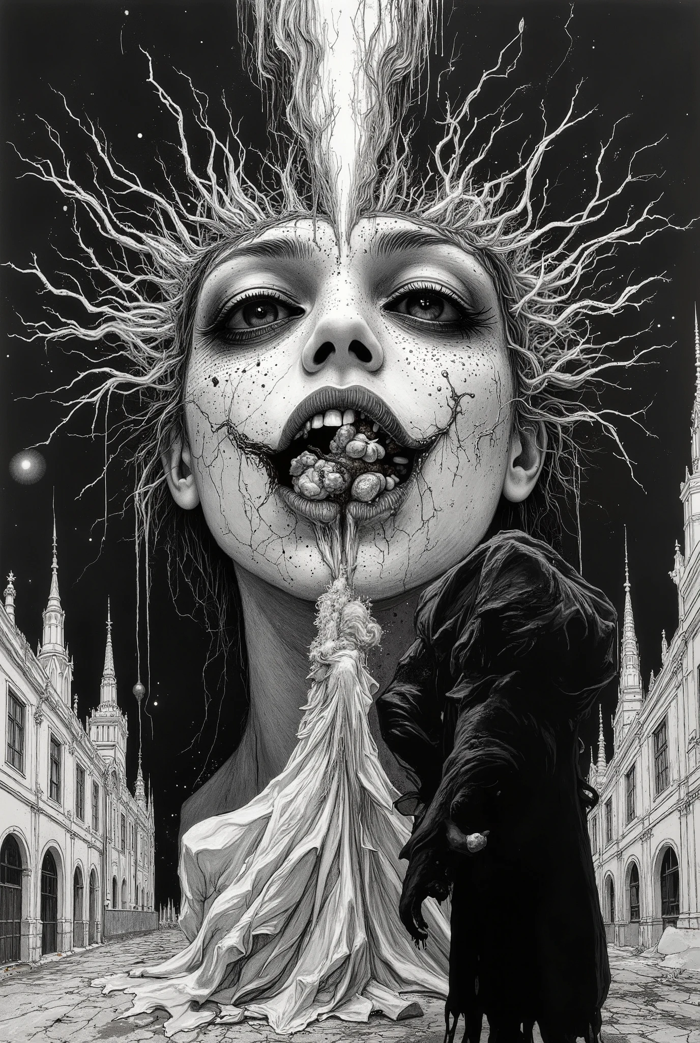 Hatching lines carve into fragile flesh, cross-hatching scars tracing spirals of silent suffering. The composition fractures, splintering into grotesque symmetry, faces blooming in the negative space, multiplying, multiplying, multiplying. Chiaroscuro violence, a chiaroscuro of endless shadow, dripping gouache of arterial black, too thick, too rich, a stain that seeps through the layers, deeper, deeper, deeper.
The vanishing point collapses inward, folds upon itself, a Möbius strip of fractured perception. Stippling halos crown hollowed eyes, feverish impasto thickening along the edges, suffocating, suffocating, suffocating. The highlight is misplaced, the light source is absent, and yet the glow persists—spectral, sentient, wrong.
A face, not hers, sketched in dry brush, embedded beneath the final layers. It moves when unobserved. It breathes between the cracks in the composition. It is not pigment, not graphite, not paint. It is a mistake that should have been erased, erased, erased. But there is no undo. There is no undo. There is no undo.
Ink bleeds, distorts, spreads, tendrils of accidental shadows creeping beyond the frame. The background shifts—horizon lines shudder, architecture twists into something unrecognizable, recursive, recursive, recursive. The perspective was never correct. The depth is infinite, and yet it is crushing, suffocating, pressing inward, inward, inward.
The layers merge, dissolve, collapse. The canvas is screaming. The image does not end. The image does not end. The image does not end.
