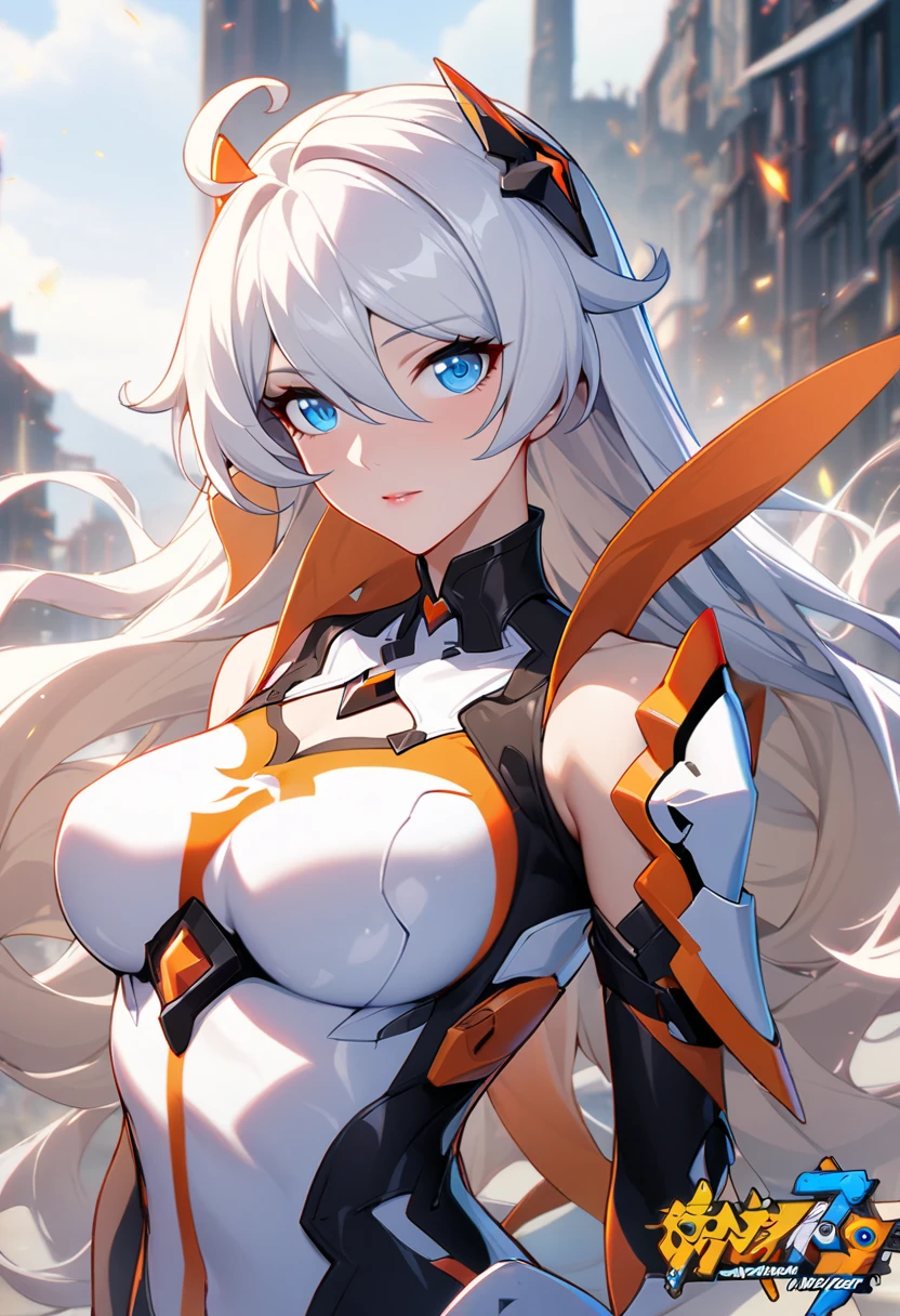 albino woman double pigtails, white and blue actual clothing, big breasts, golden energy in the arms, background the universe, cute face, red eyes, perspective, 2k, High resolution, Ultra mega hyper super detailed, full body pose, good anatomy, arms crossed, world destroyed in the background, unarmed, with a mechanical demon summoned, detailed face, background stop, observing the destroyed world from space,  good eyes, detailed face,