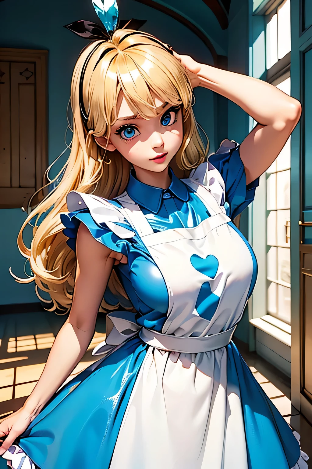 perfect anatomy top quality, highest resolution,(((shiny light blue and white one-piece apron dress Shiny Blonde blue eyes))) Alice in Wonderland girl
