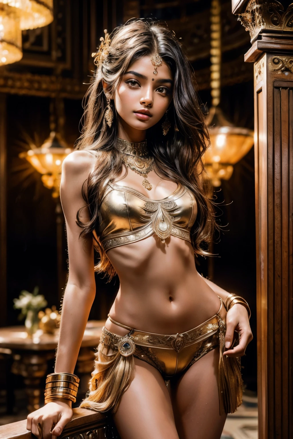 (8 years old:1.5), (arabian girl:1) perfect face, (chubby:1.3) child in saree perfect full HDR body exposed midriff highleg loli flat chest curvy indian armpits bellydancer 8k high res knees ankles , , cleavage (shiny skin:1.7) depth of field (full body shot) (high heels) (brown skin:1.7) (dungeon:1.4) (lace bra:1.3)