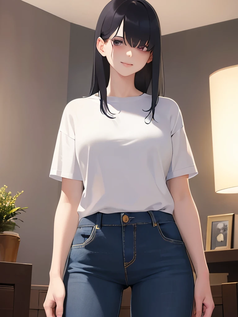 (at night:1.5), standing, masterpiece, best quality, detailed, Masterpiece, Great detailed pictures, RAW photo, photorealistic, Realistic, real person, (pale skin: 1.2), cowboy shot, shiny skin, shiny hair, (25-year-old woman with messy hair with bangs) and (medium hair) and (black hair) and (purple eyes), hair over eyes, BREAK (white T-shirt) and (jeans) BREAK smile, inside a living room, alone,