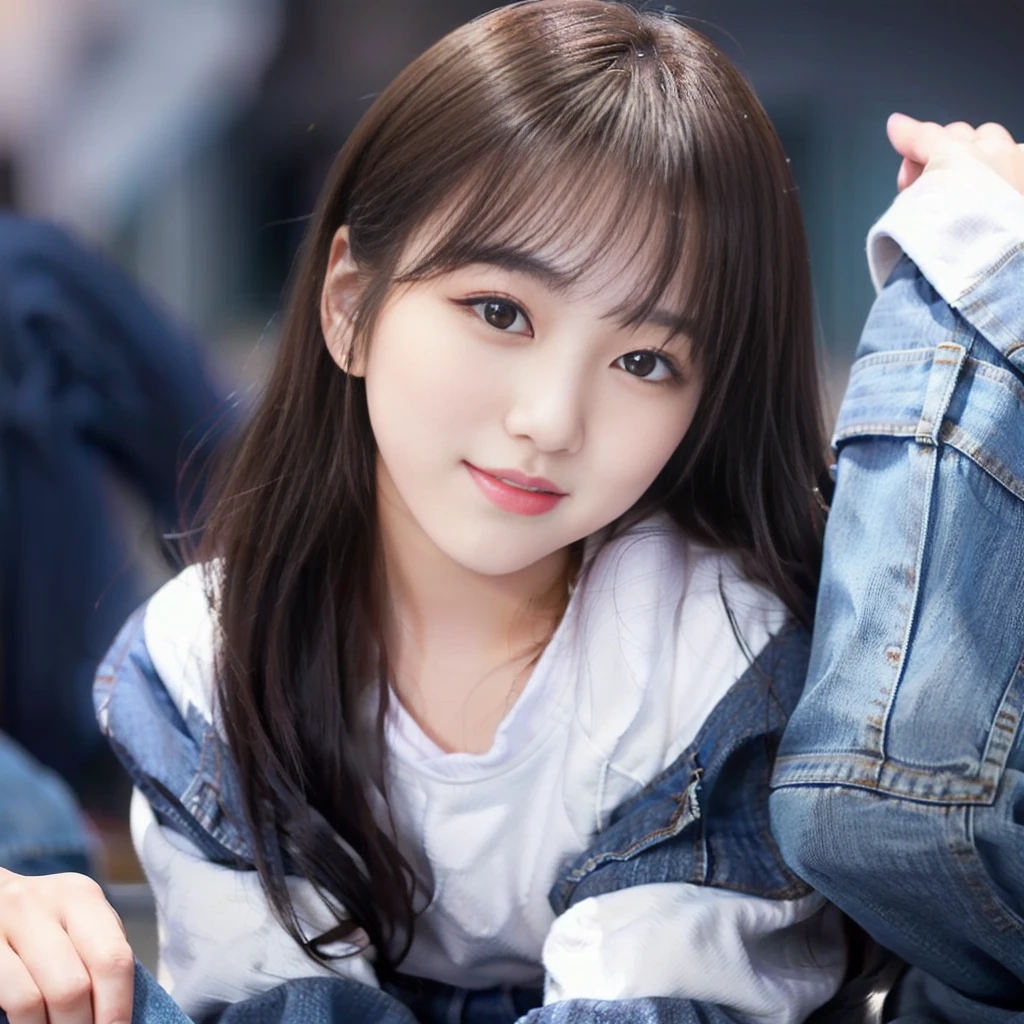 (8K、Raw photography、top-quality、masterpiece:1.2)、(realisitic、Photorealsitic:1.37)、1 girl in、cute little、adolable、(blue eyess)、(Shy smile:0.4)、(独奏)、详细的脸、oval-face、(Narrow-eyed:1.4)、poneyTail、A slender、Big breasts、jaket、White tee shirt、Dramatic Angle、tilt of the head、((Holding your head in your hands))、night lights、Neon light、Inside the pub、Sitting by the window、small head、(Facing the other side)、