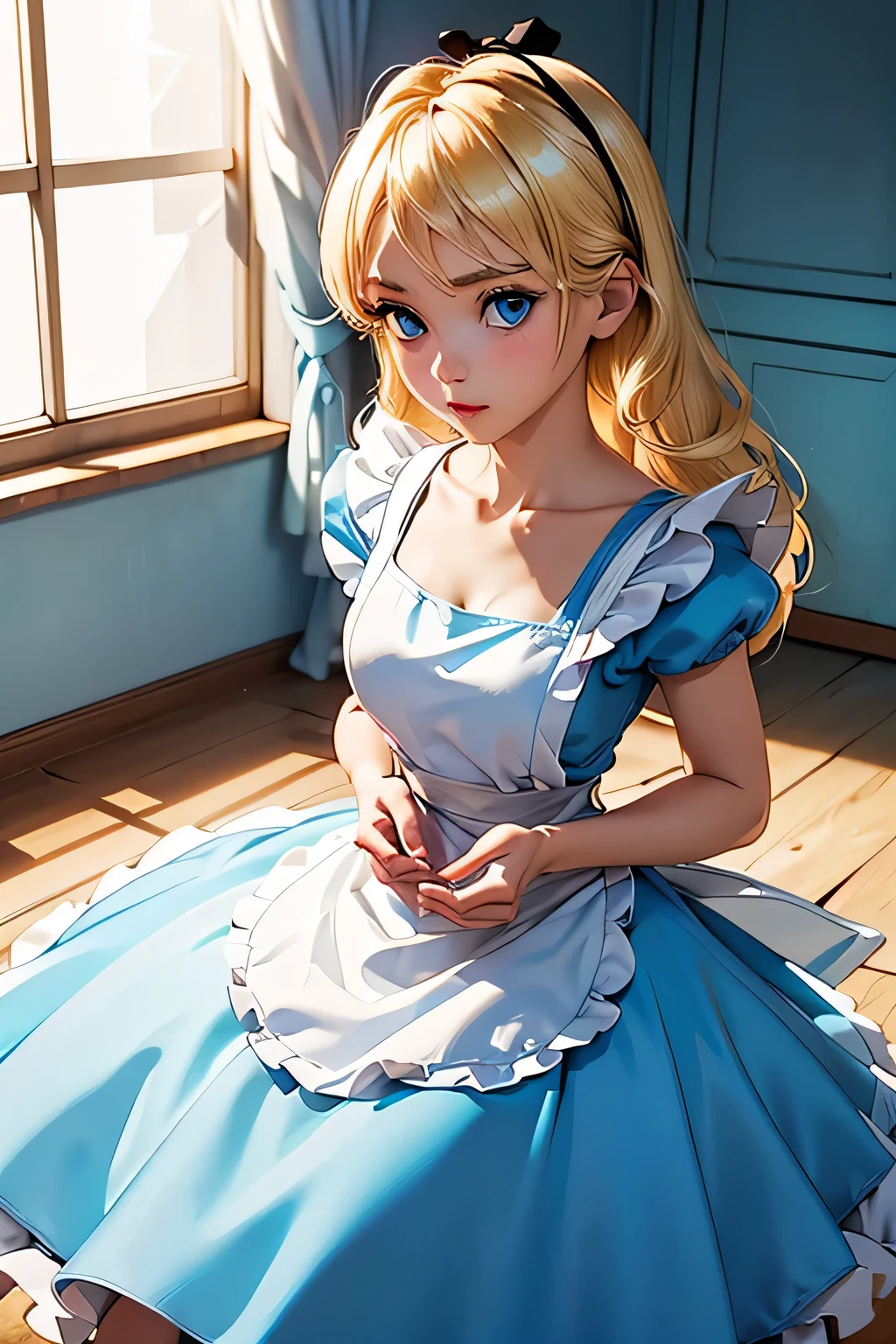 perfect anatomy top quality, highest resolution,(((shiny light blue and white one-piece apron dress Shiny Blonde blue eyes))) Alice in Wonderland girl