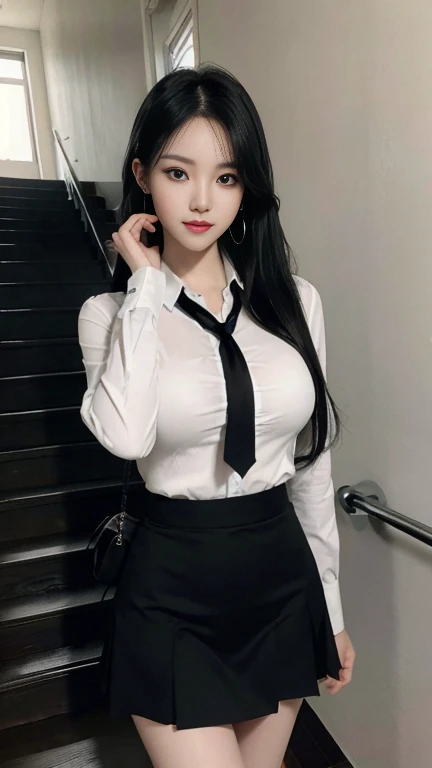 Photorealistic, high resolution, 1 woman, Hips up, Beautiful eyes, Black hair, Long hair, ringed eyes, Collared shirt, black necktie,White skirt, pencil skirts
