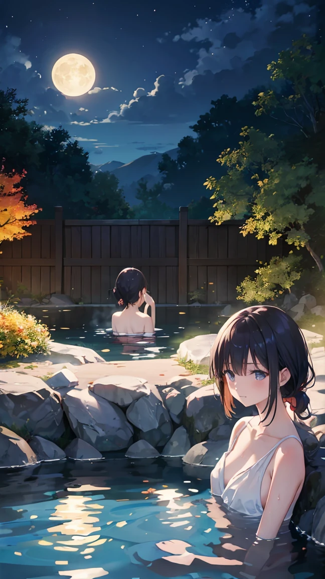 watercolor, Japanese girls, straight black hair, naked upper body, bathing onsen, sitting side by side, backlit silhouette, from behind, sunset, mountain view