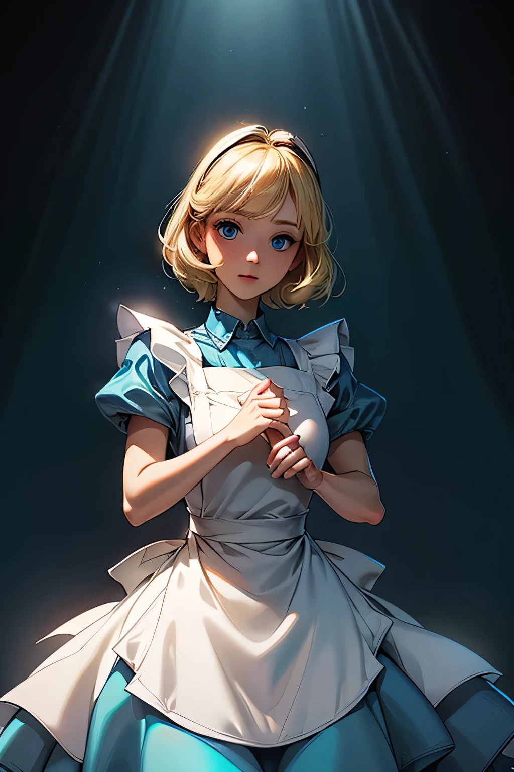  perfect anatomy 　  top quality,  highest resolution,(((shiny light blue and white one-piece apron dress　Shiny Blonde　  blue eyes)))　 Alice in Wonderland　 girl