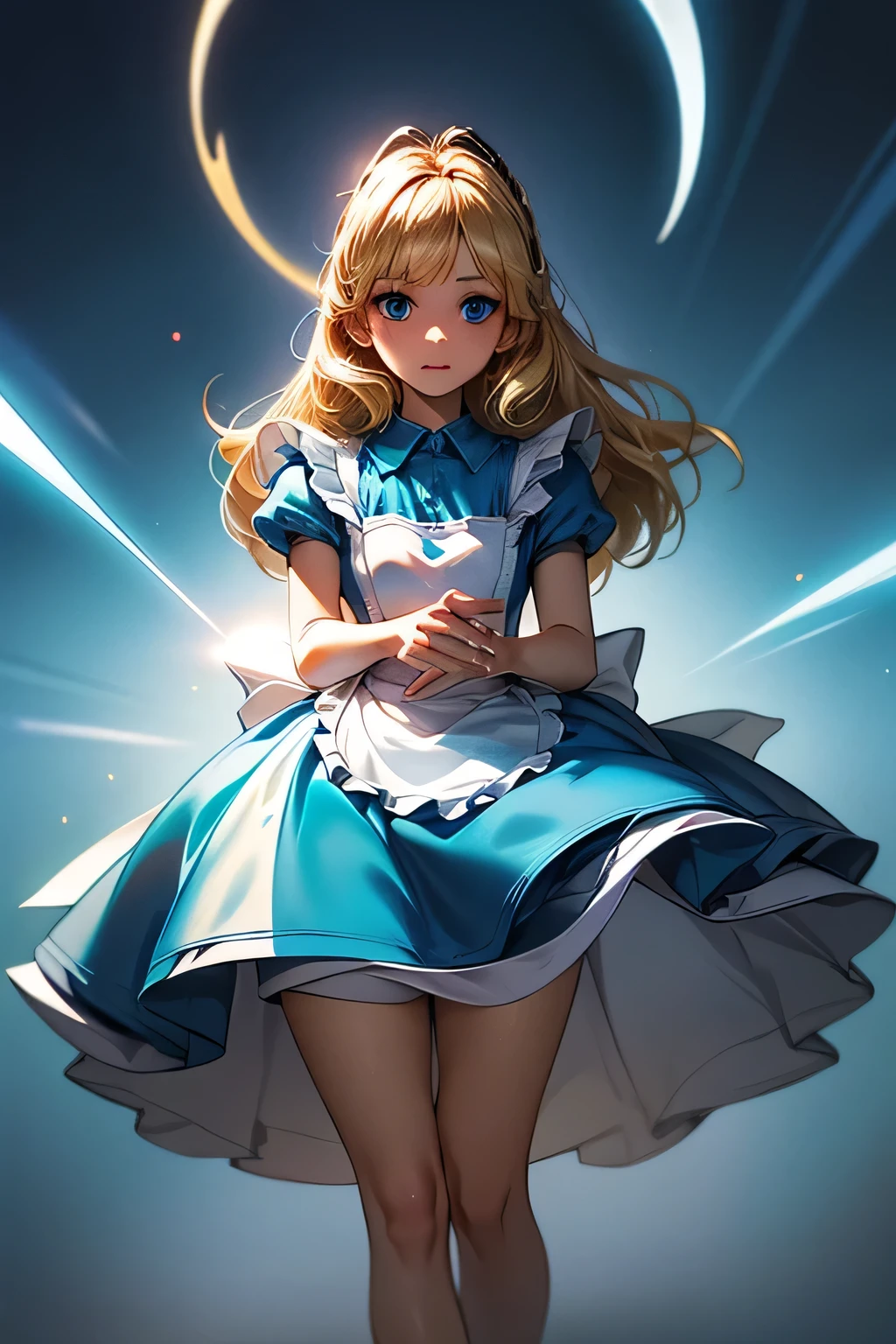 perfect anatomy top quality, highest resolution,(((shiny light blue and white one-piece apron dress Shiny Blonde blue eyes))) Alice in Wonderland girl