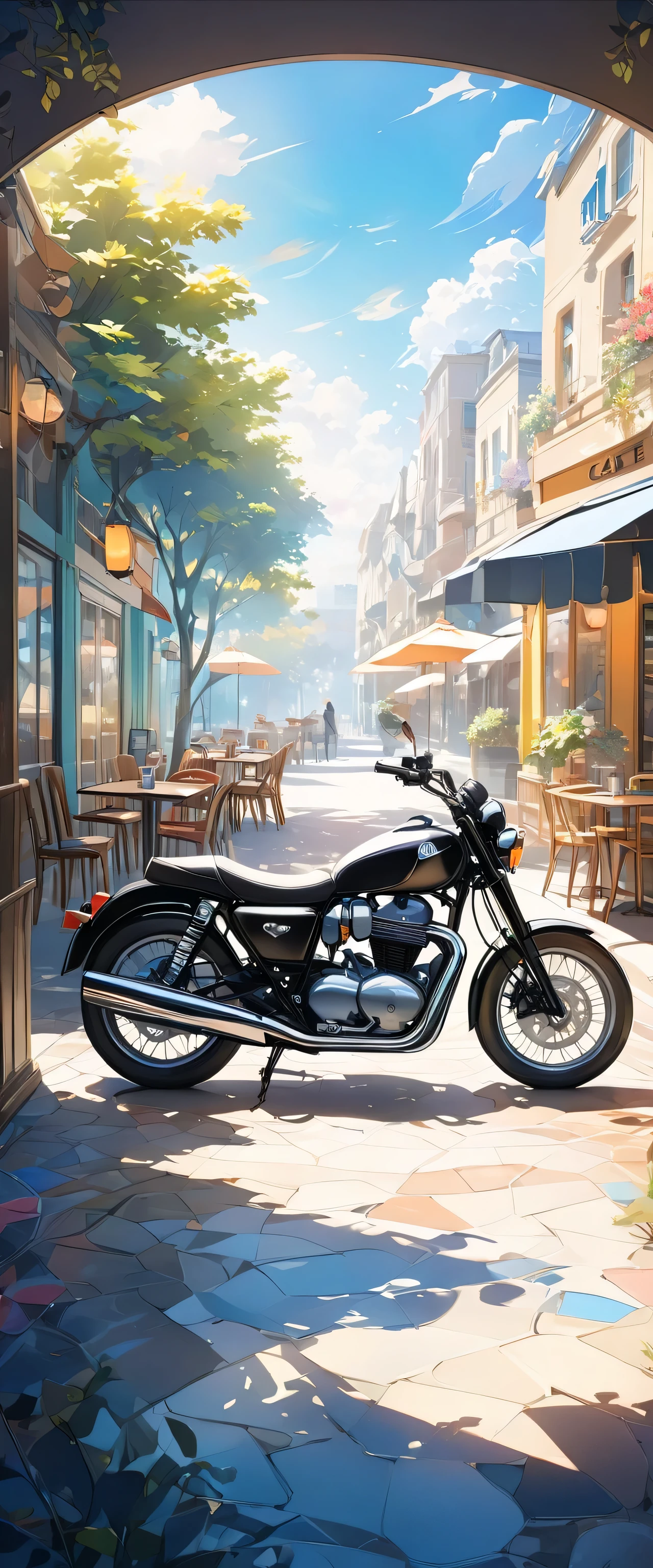 Very eye-catching, trendy and handsome black motorcycle.Stop by the outdoor cafe.Surrounded by the dazzling afternoon sun, shadow and shade textures，The whole scene looks lazy and romantic, Effortlessly elegant aesthetics.。Cafe background.(masterpiece, best quality:1.2),art illustration，Abstract surreal colors,Clear and colorful.