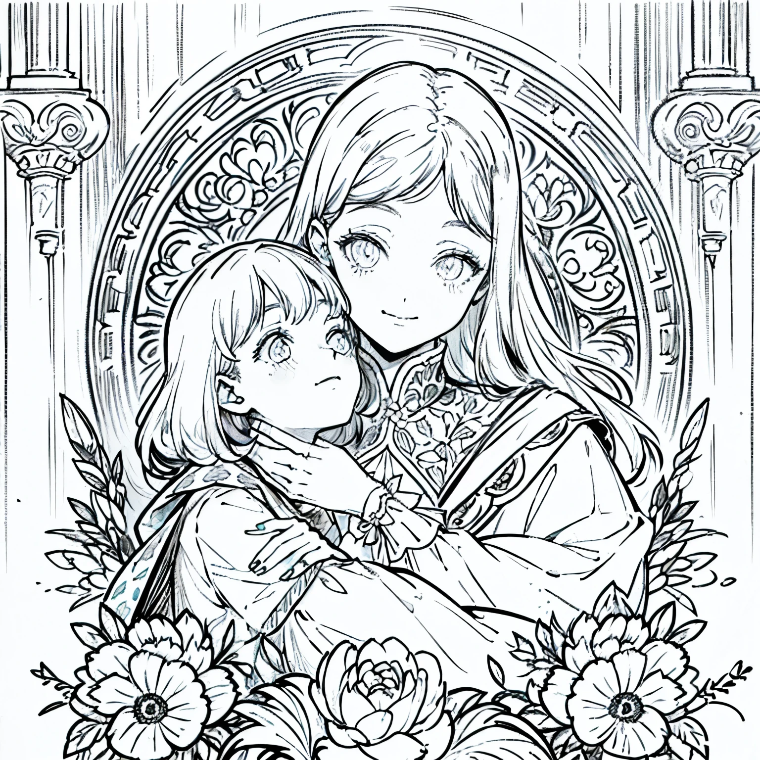 (A poster design), a middle-aged woman, holding her child, pulling her hair in an oval flower frame, smiling, looking at her child, surrounded by artistic wreaths, beautiful and detailed eyes, shiny hair, transparent Visible through hair, black hair, brown eyes, women, family clothes, right hand outstretched, right hand gently touching her child, reflected light from the sun, silver metal, brilliance, Soviet style, diffuse reflection, metallic texture, sea of stars, high profile, imposing Majestic, head surrounded by carnations