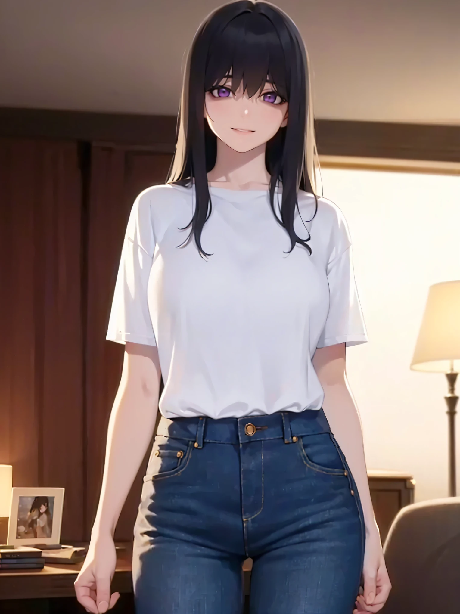 (at night:1.5), standing, masterpiece, best quality, detailed, Masterpiece, Great detailed pictures, RAW photo, photorealistic, Realistic, real person, (pale skin: 1.2), cowboy shot, shiny skin, shiny hair, (25-year-old woman with messy hair with bangs) and (medium hair) and (black hair) and (purple eyes), hair over eyes, BREAK (white T-shirt) and (jeans) BREAK smile, inside a living room, alone,