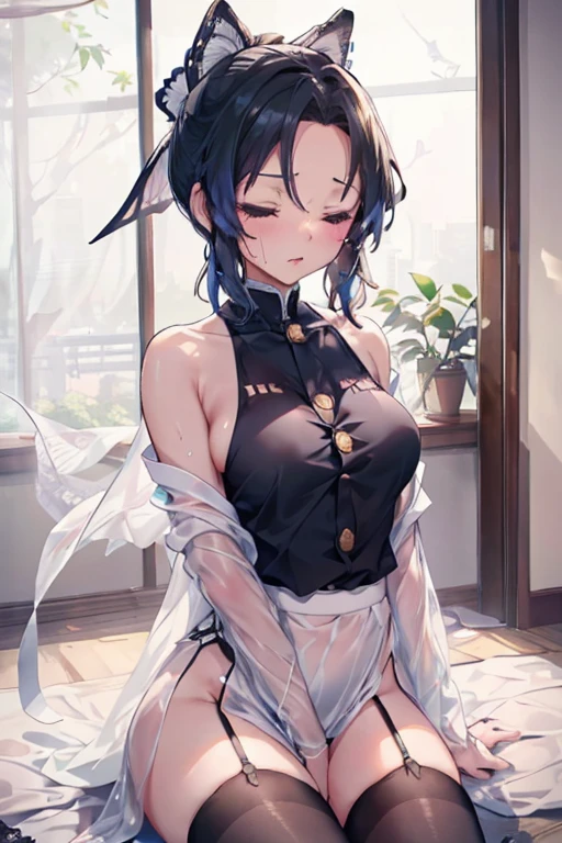 Masterpiece, perfect ideal body, perfect ideal face, 1girl, long hair, white thighhighs, black hair,coral,pointy ears, blue horns,grey eyes, blue eyes, multicolored hair,head fins, seethrough_china_dress, incredibly beautiful attractive, seductive and Incredibly charming, sexy cheongsam