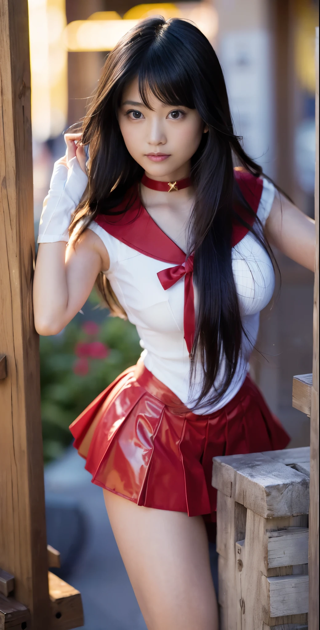 A sexy red sailor suit girl with black shawl long hair, (angel's face: 1.8), red sailor suit, rich accessories, sailor Moon water ice Mars, (Chinese temple background: 1.5), cosplay pictures, full body photos, photography style, cinema machine shooting, 8K RAW, sailor Moon!!!!!!!!, Sailor Moon style, inspired by Sailor Moon, Sailor Moon, Sailor Moon. Beauty, Princess, Classic Girl, Magical Girl Style, Magical Girl Portrait, Magazine Cover Photo