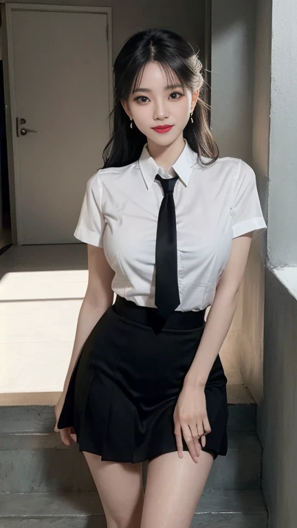 Gray eyes, Korean school uniform, summer school uniform shirt, ribbon tie, skirt, bright blonde, school stairs, going down school stairs, chest thrusting pose, chest bragging pose, 8k raw photo, high resolution, cool Korean at 16 years old, very big round breasts, beautiful eyes in detail, long eyelashes, beautiful double eyelids, eyeshadow, eyeliner, slender eyes, elongated eye shape, Sanpaku eyes, evil smile, evil look, beautiful very thin legs, beautiful very thin thighs, random medium hair, hair tied behind the head, earrings,