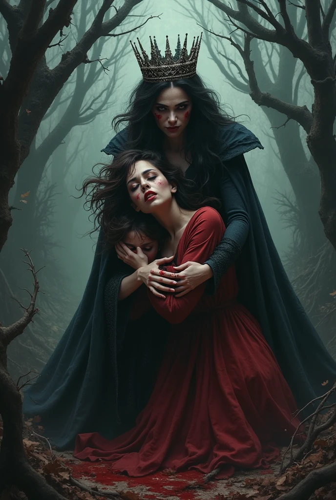 Renaissance horror painting in which a desperate and tormented man is being rejected by a woman. The man, with an expression of deep despair and wide eyes, kneels offering a bouquet of flowers to the woman, his hands shaking as he begs for her love. His skin is pale and marked with dark veins, as if the rejection is literally draining the life from him. The woman, with an ethereal and sinister beauty, stands above him, looking down at him with a cold and impassive expression. She is dressed in a red dress that seems to flow like shadows around her feet, and her brown hair waves as if moved by an invisible wind. The surroundings are dark and oppressive, with dramatic blue lighting. The contrast between the man's desperate plea and the woman's implacable coldness creates an atmosphere of deep psychological terror.