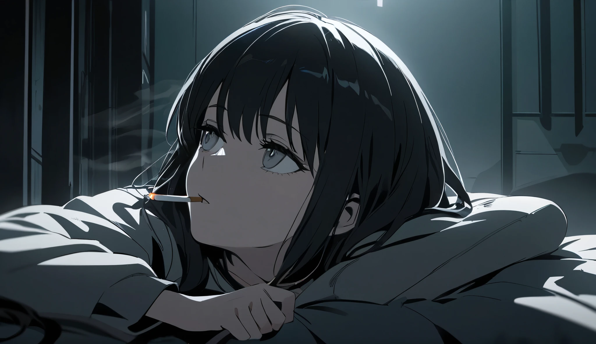 "A melancholic young woman with long black hair lying on a bed, gazing into the distance. She holds a lit cigarette with smoke curling upwards. The dimly lit room has a moody, cinematic atmosphere, with soft lighting and a muted color palette. The anime-style illustration features sharp details, smooth shading, and an aesthetic inspired by Japanese neo-noir and cyberpunk art."