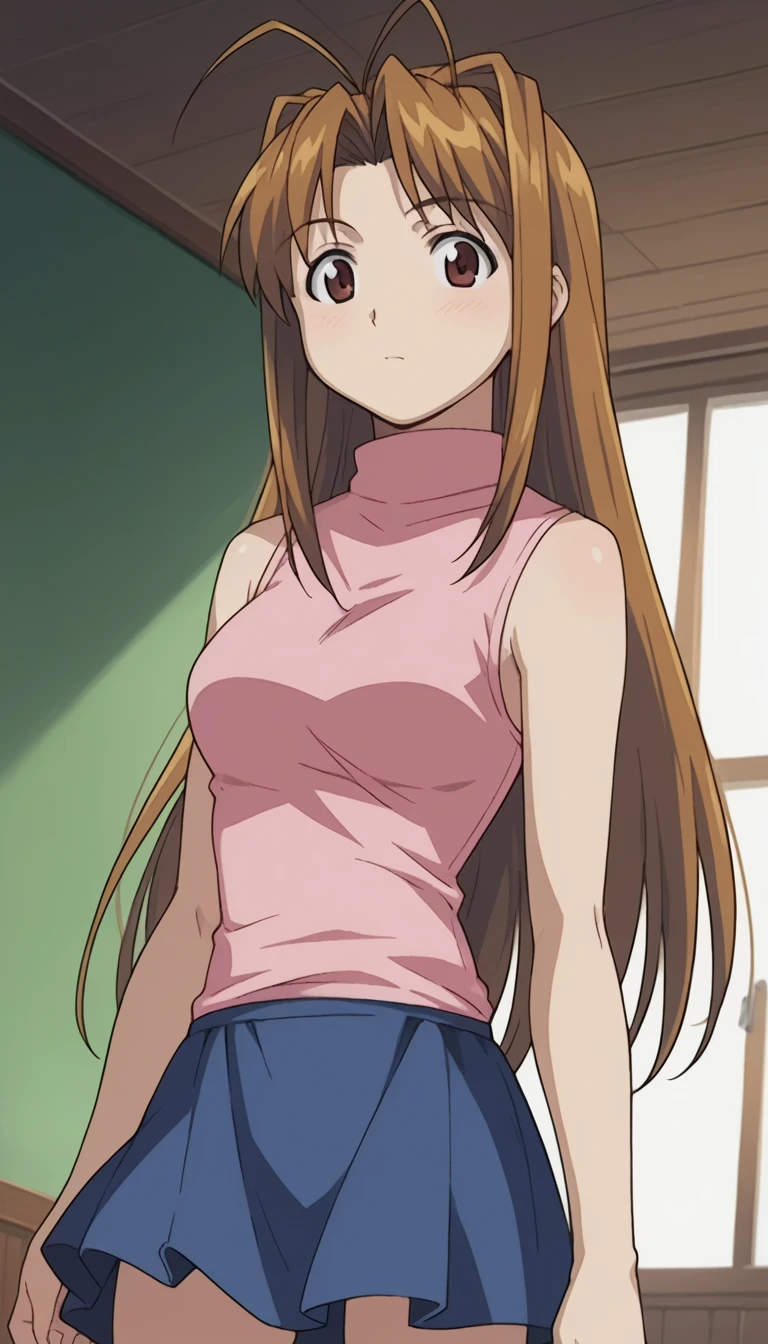 (masterpiece, best quality, high resolution, 8k:1.2),anime, highly detailed, Ayumumo, One Girl, alone, hair band, (Large medium breasts:0.8), (T-shirt, tight skirt, blush, room), Cowboy shot, looking at viewer,