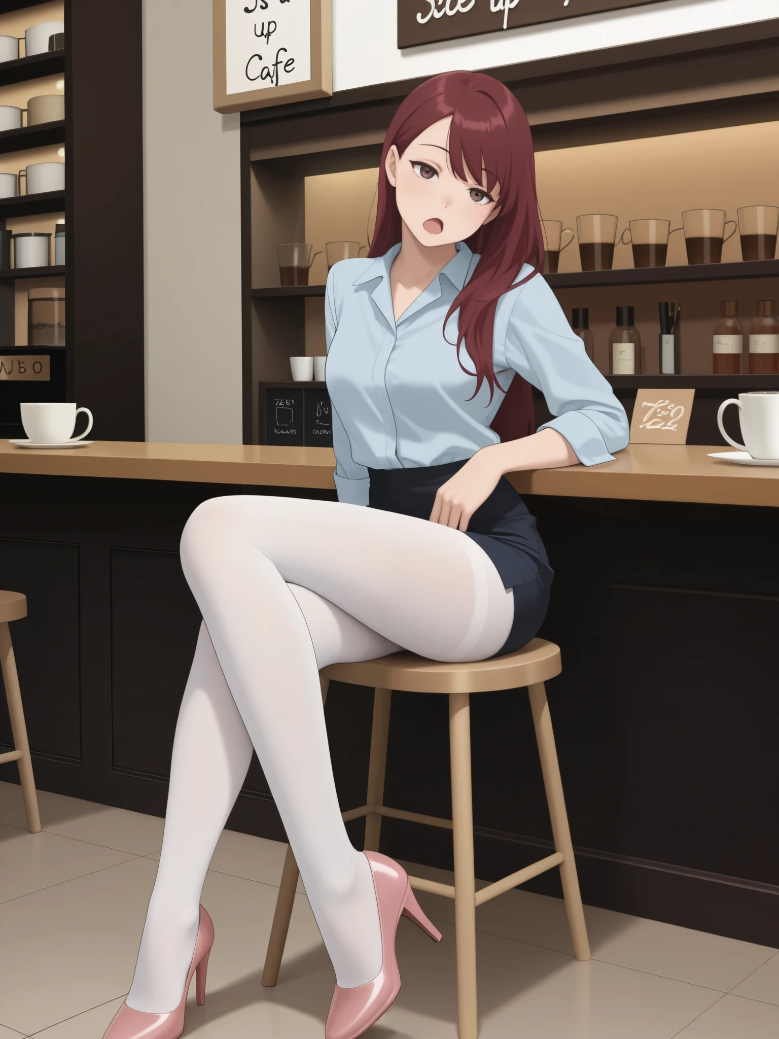 masterpiece, best quality, 1girl, {sleepy:3.0}, {white tights:4.0}, white legwear, open mouth, {eyes open:3.0}, pencil skirt, dress shirt, navy shirt, cafe, official art, dark red hair, long hair, leaning backwards, head tilt, legs bent inward, flat art style, high heels, saturated pink shoes, sitting, flat, anime, {ZZZ:2.0}