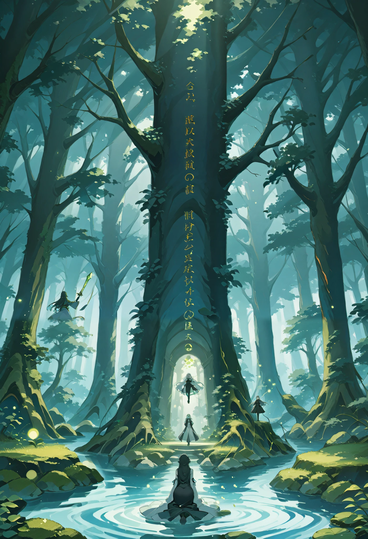 I encounter in the clearing of an ancient forest , in which the light of dusk filters through the branches and caresses an interrupted pool of crystalline water , so immovable and perfect like the one emanating from a forgotten mirror . In the center of the pond is an ancient stone altar , polished over the centuries and marked by the inexorable passage of time . On it rests a sword chained : your sword , forged in ice , shines with an icy glow that seems to defy the warmth of the environment , while its handle , made of violet crystal , mystical flashes that mesmerize the sight . that floats on the altar , suspended in an ethereal dream , stands a translucent hexagonal prison . Inside this almost dreamlike structure , lies in a reclining position . With her body lying delicately , her eyes and hair , of a penetrating ice blue , radiate an enigmatic calm . The creature seems immersed in a state of contemplation , as if immemorial secrets were kept or waiting for the moment of an awakening . The environment is charged with a deep silence , by the soft murmur of the water and the flickering of the fireflies that dance in the Darkness , that projects subtle flashes on the scene . Each element , The icy sword , the violet handle , , the solitary altar and the hexagonal prison that guards the being , are intertwined in a visual story of mystery and magic ., suspended in time , inviting you to discover a story of forgotten legends and unexplored destinations .