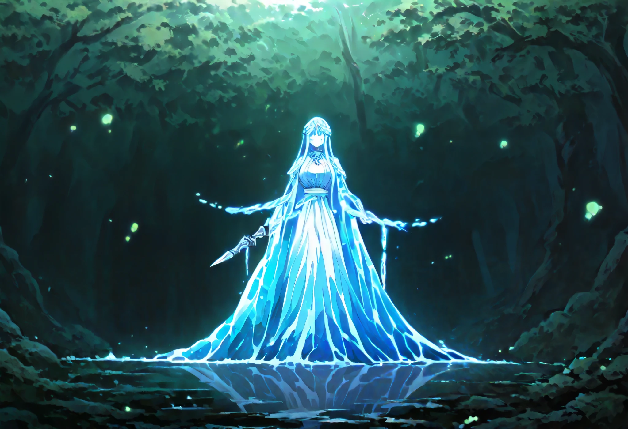 I encounter in the clearing of an ancient forest , in which the light of dusk filters through the branches and caresses an interrupted pool of crystalline water , so immovable and perfect like the one emanating from a forgotten mirror . In the center of the pond is an ancient stone altar , polished over the centuries and marked by the inexorable passage of time . On it rests a sword chained : your sword , forged in ice , shines with an icy glow that seems to defy the warmth of the environment , while its handle , made of violet crystal , mystical flashes that mesmerize the sight . that floats on the altar , suspended in an ethereal dream , stands a translucent hexagonal prison . Inside this almost dreamlike structure , lies in a reclining position . With her body lying delicately , her eyes and hair , of a penetrating ice blue , radiate an enigmatic calm . The creature seems immersed in a state of contemplation , as if immemorial secrets were kept or waiting for the moment of an awakening . The environment is charged with a deep silence , by the soft murmur of the water and the flickering of the fireflies that dance in the Darkness , that projects subtle flashes on the scene . Each element , The icy sword , the violet handle , , the solitary altar and the hexagonal prison that guards the being , are intertwined in a visual story of mystery and magic ., suspended in time , inviting you to discover a story of forgotten legends and unexplored destinations .