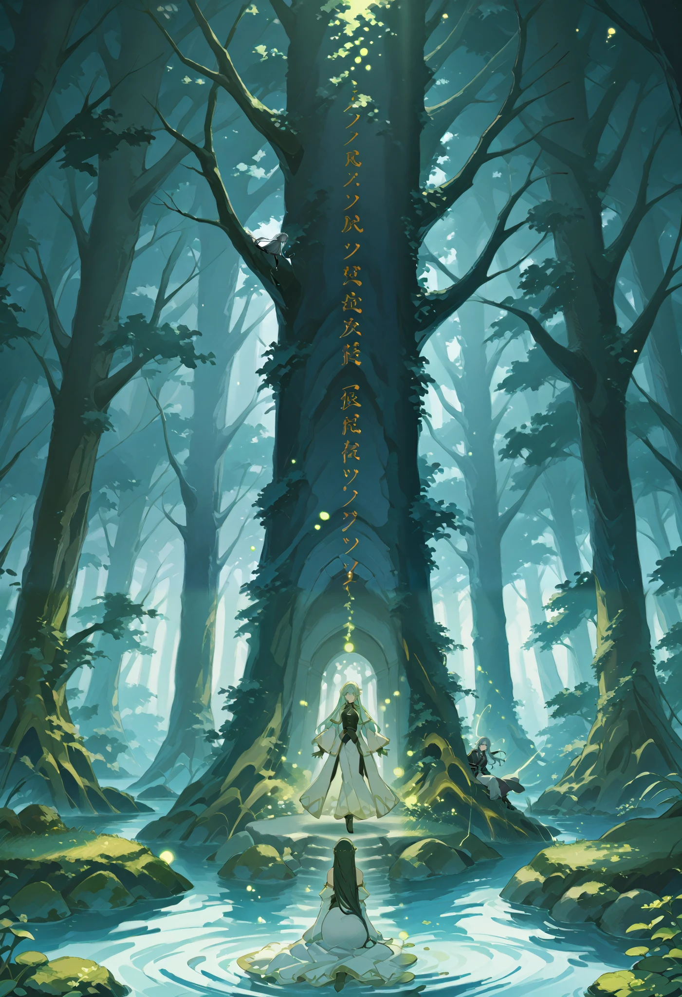 I encounter in the clearing of an ancient forest , in which the light of dusk filters through the branches and caresses an interrupted pool of crystalline water , so immovable and perfect like the one emanating from a forgotten mirror . In the center of the pond is an ancient stone altar , polished over the centuries and marked by the inexorable passage of time . On it rests a sword chained : your sword , forged in ice , shines with an icy glow that seems to defy the warmth of the environment , while its handle , made of violet crystal , mystical flashes that mesmerize the sight . that floats on the altar , suspended in an ethereal dream , stands a translucent hexagonal prison . Inside this almost dreamlike structure , lies in a reclining position . With her body lying delicately , her eyes and hair , of a penetrating ice blue , radiate an enigmatic calm . The creature seems immersed in a state of contemplation , as if immemorial secrets were kept or waiting for the moment of an awakening . The environment is charged with a deep silence , by the soft murmur of the water and the flickering of the fireflies that dance in the Darkness , that projects subtle flashes on the scene . Each element , The icy sword , the violet handle , , the solitary altar and the hexagonal prison that guards the being , are intertwined in a visual story of mystery and magic ., suspended in time , inviting you to discover a story of forgotten legends and unexplored destinations .