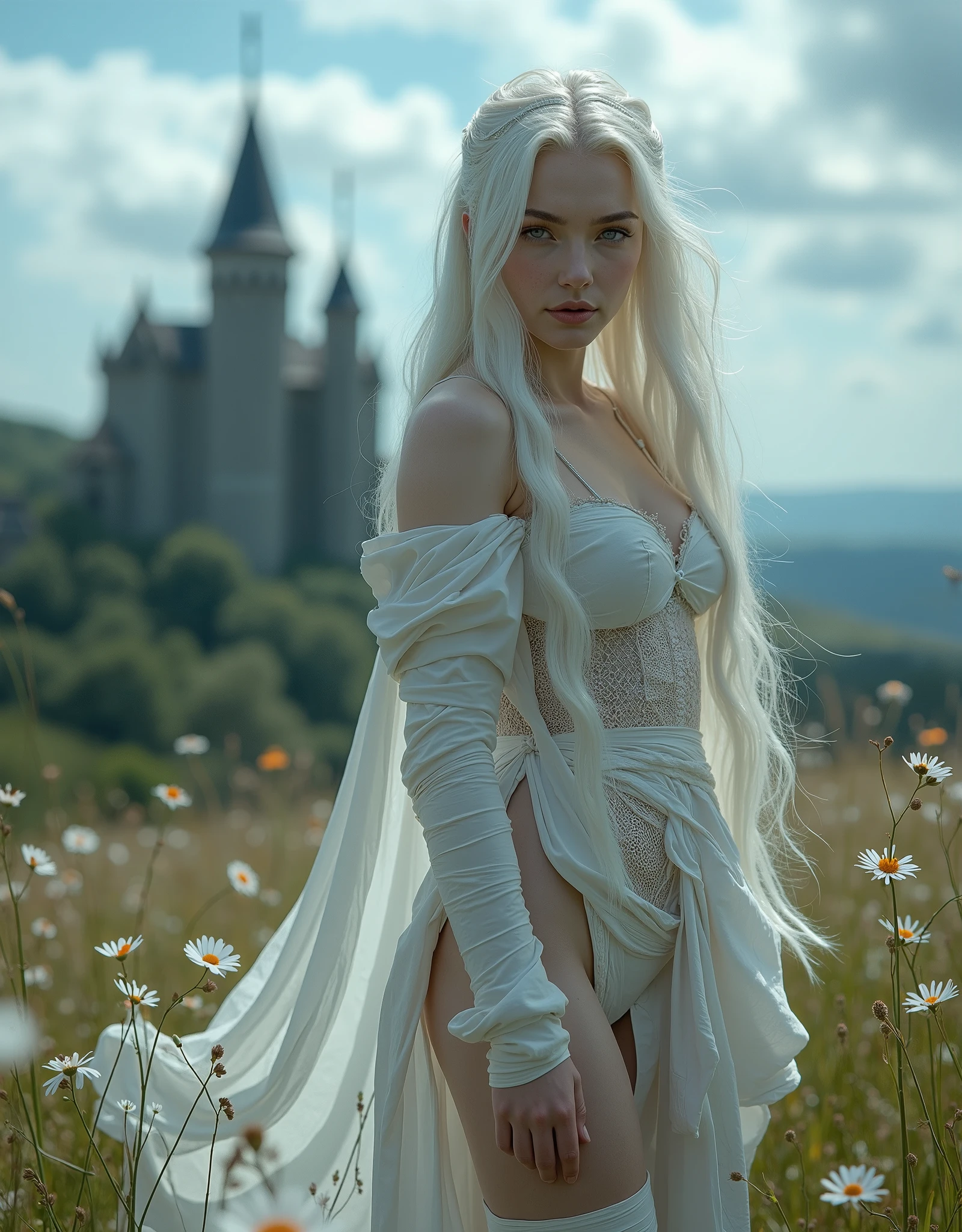 A medieval castle in the background, a meadow, A woman, half naked, wearing white bandages, full height image, bared nice slim legs, hiding private parts, beautiful female face, very long white hair, White skin, an orb of white magic in his hand, white laced bust, blue clouded sky, high definition detailed photo