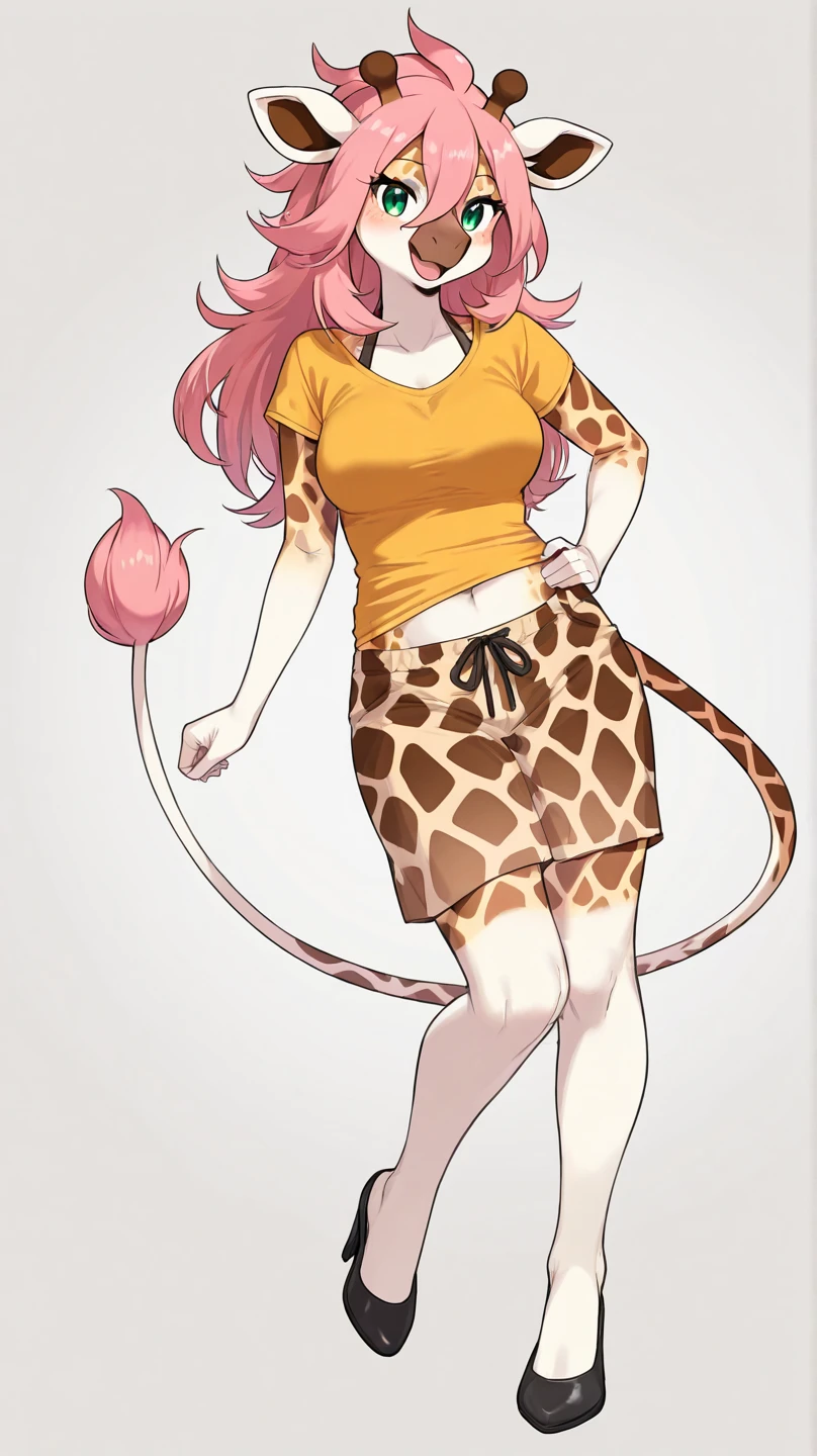 Masterpiece, hi res, absurdres, Best Quality, detailed, 4K, 8K, detailed,HD, By bebebebebe, by wsache, by greasymojo, by inu-sama, solo,tall, male,girly, androgynous, giraffe anthro,giraffe, red hair,long hair, long neck, Open mouth, tongue out,long tongue, oversized camisole,curvy, Big ass, male genitalia, balls, genitalia outline on shorts, covered genitalia