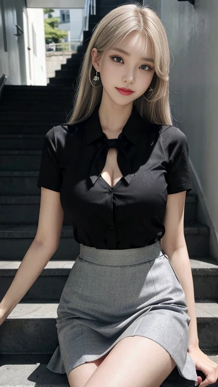 absurdres, 1girl, blush, (realistic:1.5), (masterpiece, Extremely detailed CG unity 8k wallpaper, best quality, highres:1.2), (ultra_detailed, UHD:1.2), perfect illumination, distinct, (1girl:1.4), looking at viewer, unreal engine, sidelighting, perfect face, detailed face, perfect body, beautiful eyes, pretty face, (bright skin:1.4), idol, (abs), ulzzang-6500-v1.1,,((narrow waist)),(blonde hair),MAHALAIUNIFORM,(((WHITE SHIRT SHORT SLEEVES))),((BLACK polished PENCIL SKIRT)),((BLACK PLEATED SKIRT)),((in the classroom)),(choker),((white shirt short sleeves )),((black pencil skirt)),(belt),((sitting on the table)),(Full body:1.4),bangs,((glasses)),sharp eyes,peck the corners of the mouth,silver earrings,hands in hair,silver watch,((medium breast))