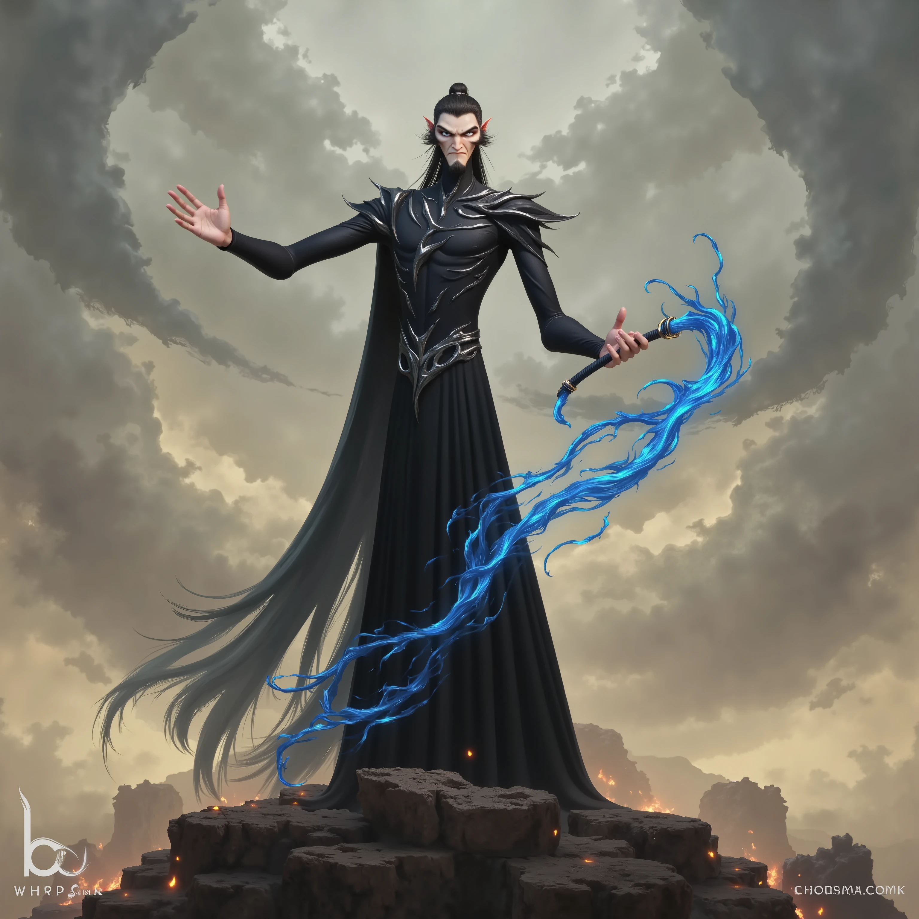 ( masterpiece, top quality:1.2), Game anime characters, alone,beard, Black Robe ,slim。Holding a blue whip in his hand。Kung Fu Action ,flame,cliff,Ominous clouds,Grand scene,Large game scene