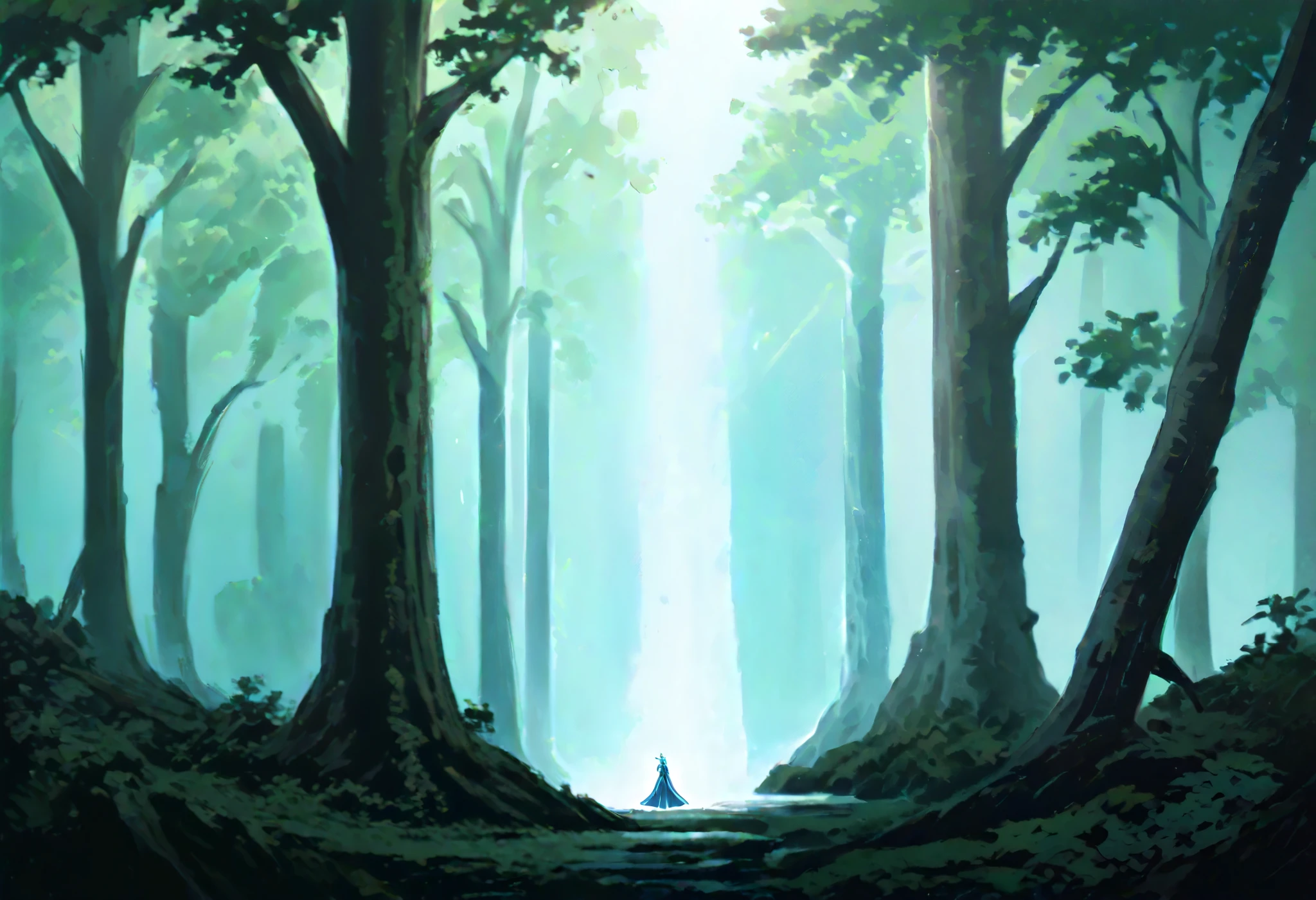 I encounter in the clearing of an ancient forest , in which the light of dusk filters through the branches and caresses an interrupted pool of crystalline water , so immovable and perfect like the one emanating from a forgotten mirror . In the center of the pond is an ancient stone altar , polished over the centuries and marked by the inexorable passage of time . On it rests a sword chained : your sword , forged in ice , shines with an icy glow that seems to defy the warmth of the environment , while its handle , made of violet crystal , mystical flashes that mesmerize the sight . that floats on the altar , suspended in an ethereal dream , stands a translucent hexagonal prison . Inside this almost dreamlike structure , lies in a reclining position . With her body lying delicately , her eyes and hair , of a penetrating ice blue , radiate an enigmatic calm . The creature seems immersed in a state of contemplation , as if immemorial secrets were kept or waiting for the moment of an awakening . The environment is charged with a deep silence , by the soft murmur of the water and the flickering of the fireflies that dance in the Darkness , that projects subtle flashes on the scene . Each element , The icy sword , the violet handle , , the solitary altar and the hexagonal prison that guards the being , are intertwined in a visual story of mystery and magic ., suspended in time , inviting you to discover a story of forgotten legends and unexplored destinations .